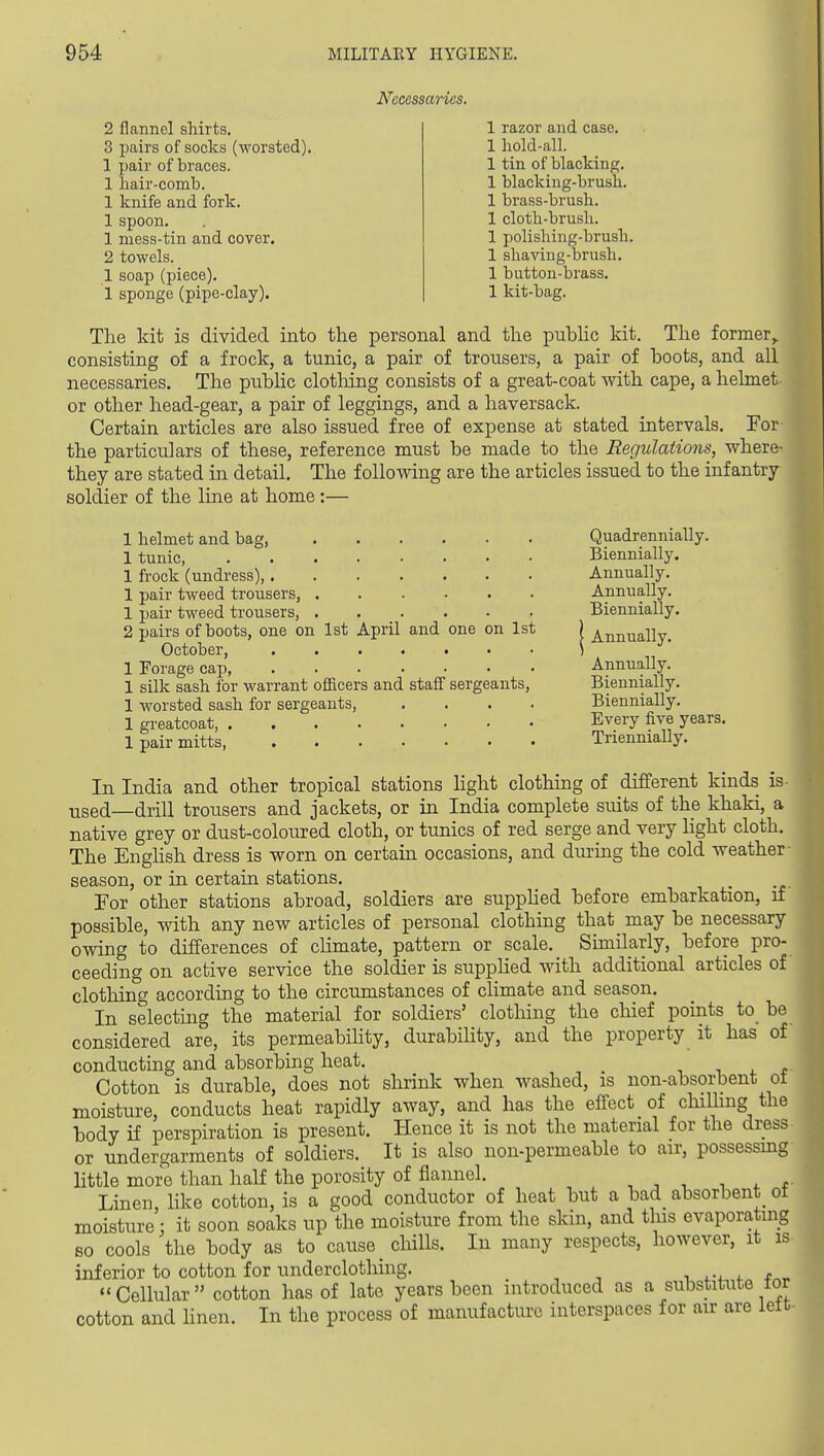 Necessaries. 2 flannel shirts. 3 pairs of socks (worsted). 1 pair of braces. 1 hair-comb. 1 knife and fork. 1 spoon. 1 mess-tin and cover, 2 towels. 1 soap (piece). 1 sponge (pipe-clay). 1 razor and case. 1 hold-all. 1 tin of blacking. 1 blacking-brush. 1 brass-brush. 1 cloth-brush. 1 polishing-brush. 1 shaving-brush, 1 button-brass. 1 kit-bag. The kit is divided into the personal and the public kit. The former^ consisting of a frock, a tunic, a pair of trousers, a pair of hoots, and all necessaries. The public clotliing consists of a great-coat with cape, a helmet or other head-gear, a pair of leggings, and a haversack. Certain articles are also issued free of expense at stated intervals. For the particulars of these, reference must be made to the Regulations, where- they are stated in detail. The following are the articles issued to the infantry soldier of the line at home:— 1 helmet and bag, 1 tunic, . . . . • 1 frock (undress),.... 1 pair tweed trousers, . 1 pair tweed trousers, . 2 pairs of boots, one on 1st April and October, .... 1 Forage cap, .... 1 silk sash for warrant officers and staff 1 worsted sash for sergeants, 1 greatcoat, 1 pair mitts, .... one on 1st sergeants, Quadrennially. Biennially. Annually. Annually. Biennially. Annually. Annually. Biennially. Biennially. Every five years. Triennially. In India and other tropical stations hght clothing of different kinds is- ■used—drill trousers and jackets, or in India complete suits of the khaki, a native grey or dust-coloured cloth, or tunics of red serge and very Hght cloth. The Enghsh dress is worn on certain occasions, and during the cold weather season, or in certaui stations. For other stations abroad, soldiers are supphed before embarkation, if possible, with any new articles of personal clothing that may be necessary owing to differences of chmate, pattern or scale. Similarly, before pro- ceeding on active service the soldier is supphed with additional articles of clothing according to the circumstances of climate and season. In selecting the material for soldiers' clothing the chief points to be considered are, its permeability, durability, and the property it has of conducting and absorbing heat. _ ^ ^ x. t Cotton is durable, does not shrink when washed, is non-absorbent ot moisture, conducts heat rapidly away, and has the effect of chiUiug the body if perspiration is present. Hence it is not the material for the dress or undergarments of soldiers. It is also non-permeable to air, possessmg little more than half the porosity of flannel. , , , ^ . f Linen like cotton, is a good conductor of heat but a bad absorbent ot moisture : it soon soaks up the moisture from the skin, and tins evaporating so cools the body as to cause chills. In many respects, however, it is inferior to cotton for underclothing. i .fr.^  Cellular cotton has of late years been introduced as a substitute tor cotton and linen. In the process of manufacture interspaces for air are lett