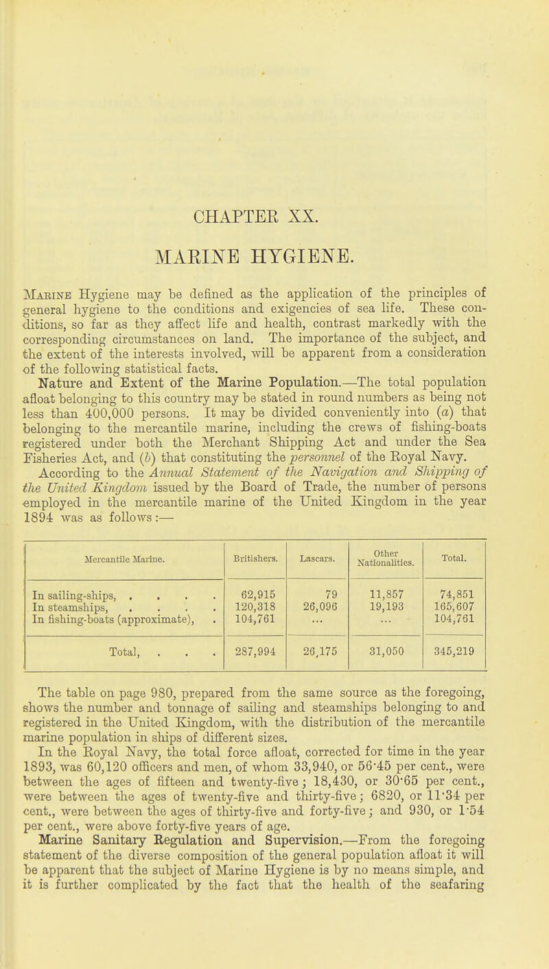 CHAPTEE XX. MARINE HYGIENE. Maeinb Hygiene may be defined as the application of the principles of general hygiene to the conditions and exigencies of sea life. These con- ditions, so far as thoy affect life and health, contrast markedly with the corresponding circumstances on land. The importance of the subject, and the extent of the interests involved, will be apparent from a consideration of the following statistical facts. Nature and Extent of the Marine Population.—The total population afloat belonging to this country may be stated in round numbers as being not less than 400,000 persons. It may be divided conveniently into (a) that belonging to the mercantile marine, including the crews of fishing-boats registered under both the Merchant Shipping Act and under the Sea Fisheries Act, and (&) that constituting the personnel of the Eoyal Navy. According to the Annual Statement of the Navigation and Shipping of the United Kingdom issued by the Board of Trade, the number of persons employed in the mercantile marine of the United Kingdom in the year 1894 was as follows:— Mercantile Maiine. Britishei's. Lascars. other Nationalities. Total. In sailing-ships, .... In steamships, .... In fishing-boats (approximate), 62,915 120,318 104,761 79 26,096 11,857 19,193 74,851 165,607 104,761 Total, . 287,994 26,175 31,050 345,219 The table on page 980, prepared from the same source as the foregoing, shows the number and tonnage of saiHng and steamships belonging to and registered in the United Kingdom, with the distribution of the mercantile marine population in ships of different sizes. In the Royal Navy, the total force afloat, corrected for time in the year 1893, was 60,120 officers and men, of whom 33,940, or 56-45 per cent., were between the ages of fifteen and twenty-five; 18,430, or 30'65 per cent., were between the ages of twenty-five and thirty-five; 6820, or 11*34 per cent., were between the ages of thirty-five and forty-five; and 930, or 1-54 per cent., were above forty-five years of age. Marine Sanitary Regulation and Supervision,—From the foregoing statement of the diverse composition of the general population afloat it will be apparent that the subject of Marine Hygiene is by no means simple, and it is further comphcated by the fact that the health of the seafaring