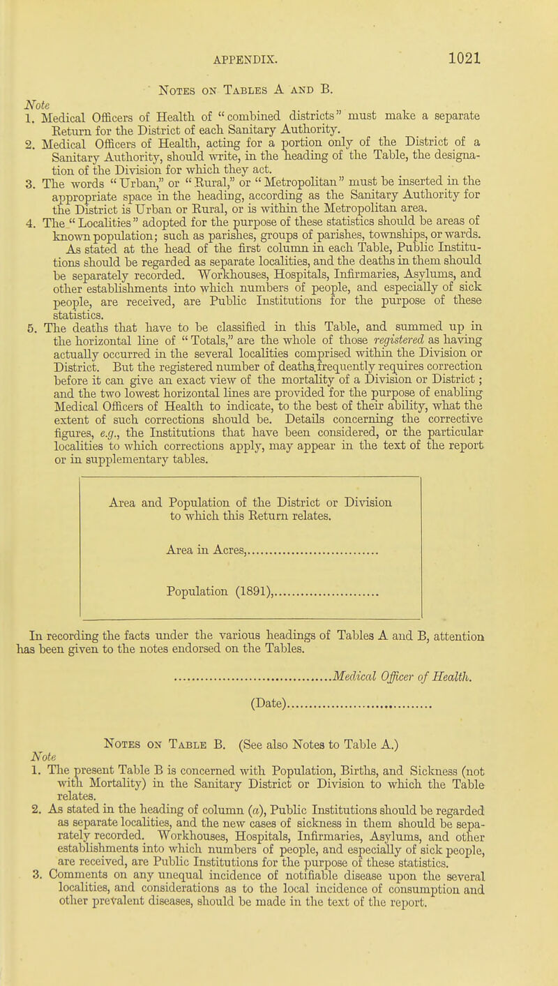 Notes on Tables A and B. Note 1. Medical Officers of Health of combined districts must make a separate Ketum for the District of each Sanitary Authority. 2. Medical Officers of Health, acting for a portion only of the District of a Sanitary Authority, should write, in the heading of the Table, the designa- tion of the Division for which they act. 3. The words Urban, or Rural, or Metropolitan must be inserted in the appropriate space in the heading, according as the Sanitary Authority for the District is Urban or Rural, or is within the Metropolitan area. 4. The  Localities  adopted for the purpose of these statistics should be areas of known population; such as parishes, groups of parishes, townships, or wards. As stated at the head of the first column in each Table, Public Institu- tions should be regarded as separate localities, and the deaths in them should be separately recorded. Workhouses, Hospitals, Infirmaries, Asylums, and other establishments into which numbers of people, and especially of sick people, are received, are Public Institutions for the purpose of these statistics. 5. The deaths that have to be classified in this Table, and summed up in the horizontal line of  Totals, are the whole of those registered as having actually occurred in the several localities comprised within the Division or District. But the registered niunber of deaths, frequently requires correction before it can give an exact view of the mortality of a Division or District; and the two lowest horizontal lines are provided for the purpose of enabling Medical Officers of Health to indicate, to the best of their ability, what the extent of such corrections should be. Details concerning the corrective figures, e.g., the Institutions that have been considered, or the particular localities to which corrections apply, may appear in the text of the report or in supplementary tables. Area and Population of the District or Division to which this Return relates. Area in Acres, Population (1891), In recording the facts under the various headings of Tables A and B, attention has been given to the notes endorsed on the Tables. Medical Officer of Health. (Date) Notes on Table B. (See also Notes to Table A.) Note 1. The present Table B is concerned with Population, Births, and Sickness (not with Mortality) in the Sanitary District or Division to which the Table relates. 2. As stated in the heading of column (a), Public Institutions should be regarded as separate localities, and the new cases of sickness in them should be sepa- rately recorded._ Workhouses, Hospitals, Infirmaries, Asylums, and other establishments into which numbers of people, and especially of sick people, are received, are Public Institutions for the purpose of these statistics. 3. Comments on any unequal incidence of notifiable disease upon the several localities, and considerations as to the local incidence of consumption and other prevalent diseases, should be made in the text of tlie report.