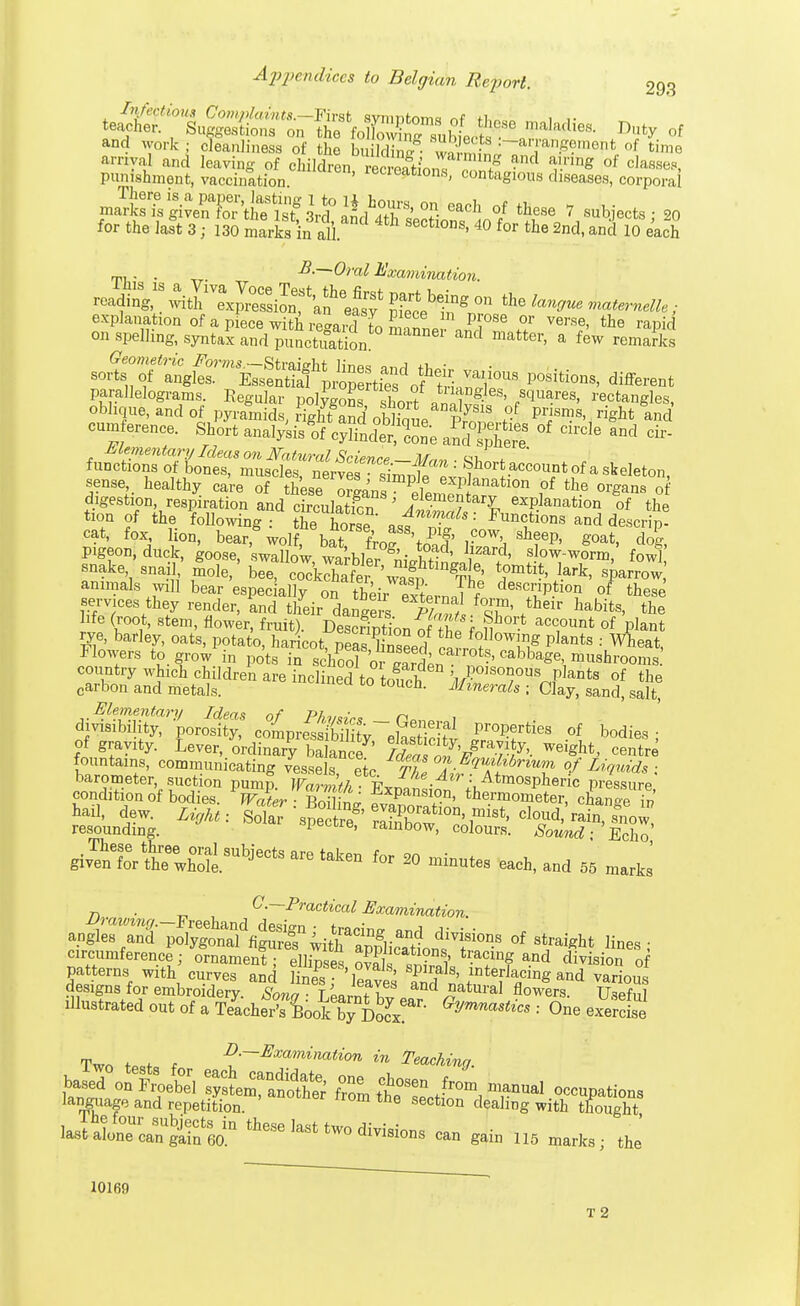 sua tef punishment, vaccination ' recieafcl0ns' contagious diseases, corporal f^^ff^^&KSa ««* °/ ^ese 7 subjects; 20 for the last 3 ; 130 marks in all *' 40 f°r the 2nd-and 10 each . B.—Oral Examination. reading,18 ift1 Siet^ °n *he i -St ^ conference. Short analysis^ cylindtrXe anSere ^ and ci- sense healthy care of theseOrgans ^lemS^011 i°f the orSans 0 digestion, respiration and circulS ' Ple.mentary explanation of the tion of the following • the W ^ion, and descrip? cat, fox, lion, bear, wolf batlT1^ , ow\ slleeP. goat, dog Pigeon, duck, goose, swallow, ^W^^W* ft™™' fowl,' snake snail mole, bee, cockchafer 'w^S^l' >rk' sParrow animals will bear especially on their eXrnJ f descnption of these services they render, 'and their dan2ra SI f°Q,m' .their habits> the life (root, stem, flower, fruit). DesStion of t f ^°V- acc,0unt of Ph™t rye, barley, oats, potato, haricot, peaslinseed Srmt °T,g plants : W^eat> Flowers to grow in pots in school oiS?' CabbaSe', mushrooms country which children are inclined to touch ^/P«1SO?OU8nf,lant8 of tfae carbon and metals. oucm- M™erals ; Clay, sand, salt, Elementary Ideas of Phvsic* Po,1Q i divisibility, porosity, compresSbi y~elas c S pr°Perfcies <* bodies ; of gravity. Lever, ordinary balance iZs oI^ ^ Cent™ fountains, communicating vessels etc ^Zj.^^um of Liquids ; barometer, suction pump Wwnith w„e>r/Atmospheric pressure condition of bodies. VI B0£ ?*^nT°* the.rm°meter, cfiange S hail, dew. z*fc: Sola^ \spe ff' Sttr^ ^t resounding. 1 et,cre' ra»i°ow, colours. Sound ■ Echo giv^teewh°ole.SUbjeCtS ^ for 2° --utes each, and 55 marks n . G.—Practical Examination. designs for embroide^/fc„'°l''?C/°<l MtUKl flowers illustrated out of a rLhS^l^^' e»™M«« = One exercise Two »..t. . D.-MmmimM<m in TeacMntj. base/oXet'l s^aSe? S M «1 occupations language and repetition. ™e sectl0n dealing with thought las^ltcang^n^11 these last divisions can gain 115 marks; the 10169 T 2