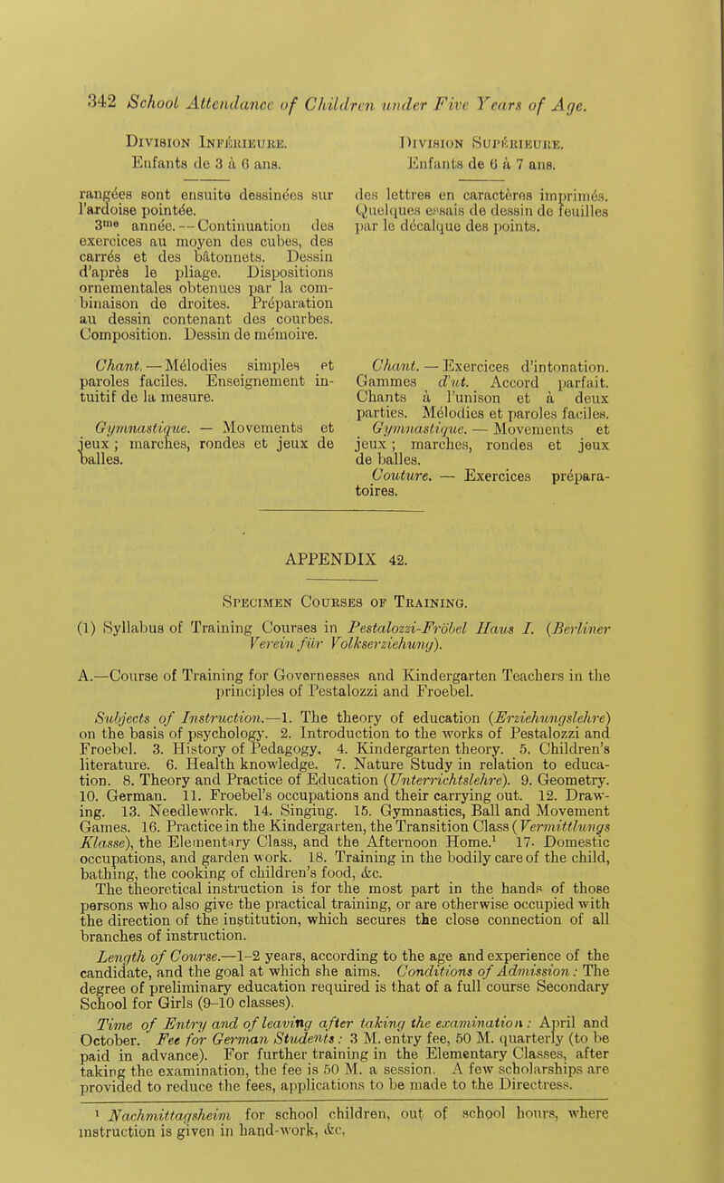 Division Infkriuure. Enfants de 3 a (i ana. rangees sont ensuite dfeasine'es sur 1'a.rdoise pointed. 3U18 annee. — Continuation dea exercices au moyen dea cubea, des carr^s et des bfitonnets. Dessin d'apres le pliage. Dispositions ornementales obtenues par la com- binaison de droites. Preparation au dessin contenant des courbes. Composition. Dessin de memoire. Chant, — Melodies simples et paroles faciles. Enseignement in- tuitif de la mesure. Gymnastique. — Movements et jeux ; marches, rondes et jeux de oallea. Division SuricRiEUKE. Enfants de 0 a 7 ans. des lettres en caracteros imprimds. Quelques ct'sais de dessin de reuillea par le decalquo des points. Chant. — Exercices d'intonation. Gammes d'nt. Accord parfait. Chants a l'unison et a deux parties. Melodies et i>aroles faciles. Gymnastique. — Movements et jeux ; inarches, rondes et jeux de balles. Couture. — Exercices prdpara- toires. APPENDIX 42. Specimen Courses of Training. (1) Syllabus of Training Courses in Pestalozzi-Frbbel Rous I. (Berliner Verein fur Volkserziehung). A.—Course of Training for Governesses and Kindergarten Teachers in the principles of Pestalozzi and Froebel. Subjects of Instruction.—1. The theory of education (Erziehungslehre) on the basis of psychology. 2. Introduction to the works of Pestalozzi and Froebel. 3. History of Pedagogy, 4. Kindergarten theory. 5. Children's literature. 6. Health knowledge. 7. Nature Study in relation to educa- tion. 8. Theory and Practice of Education (Unterrichtslehre). 9. Geometry. 10. German. 11. Froebel's occupations and their carrying out. 12. Draw- ing. 13. Needlework. 14. Singing. 15. Gymnastica, Ball and Movement Gamea. 16. Practice in the Kindergarten, the Transition Class (Vermittlungs Klasse), the Elementary Class, and the Afternoon Home.1 17. Domestic occupations, and garden work. 18. Training in the bodily care of the child, bathing, the cooking of children's food, &c. The theoretical instruction is for the most part in the hands of those persons who also give the practical training, or are otherwise occupied with the direction of the institution, which secures the close connection of all branches of instruction. Length of Course.—1-2 years, according to the age and experience of the candidate, and the goal at which she aims. Conditions of Admission: The degree of preliminary education required is that of a full course Secondary School for Girls (9-10 classes), Time of Entry and of leaving after taking the examination: April and October. Fee for German Students: 3 M. entry fee, 50 M. quarterly (to be paid in advance). For further training in the Elementary Classes, after taking the examination, the fee is 50 M. a session. A few scholarships are provided to reduce the fees, applications to be made to the Directress. 1 Nachmittagsheim for school children, out of school hours, where instruction ia given in hand-work, &c,