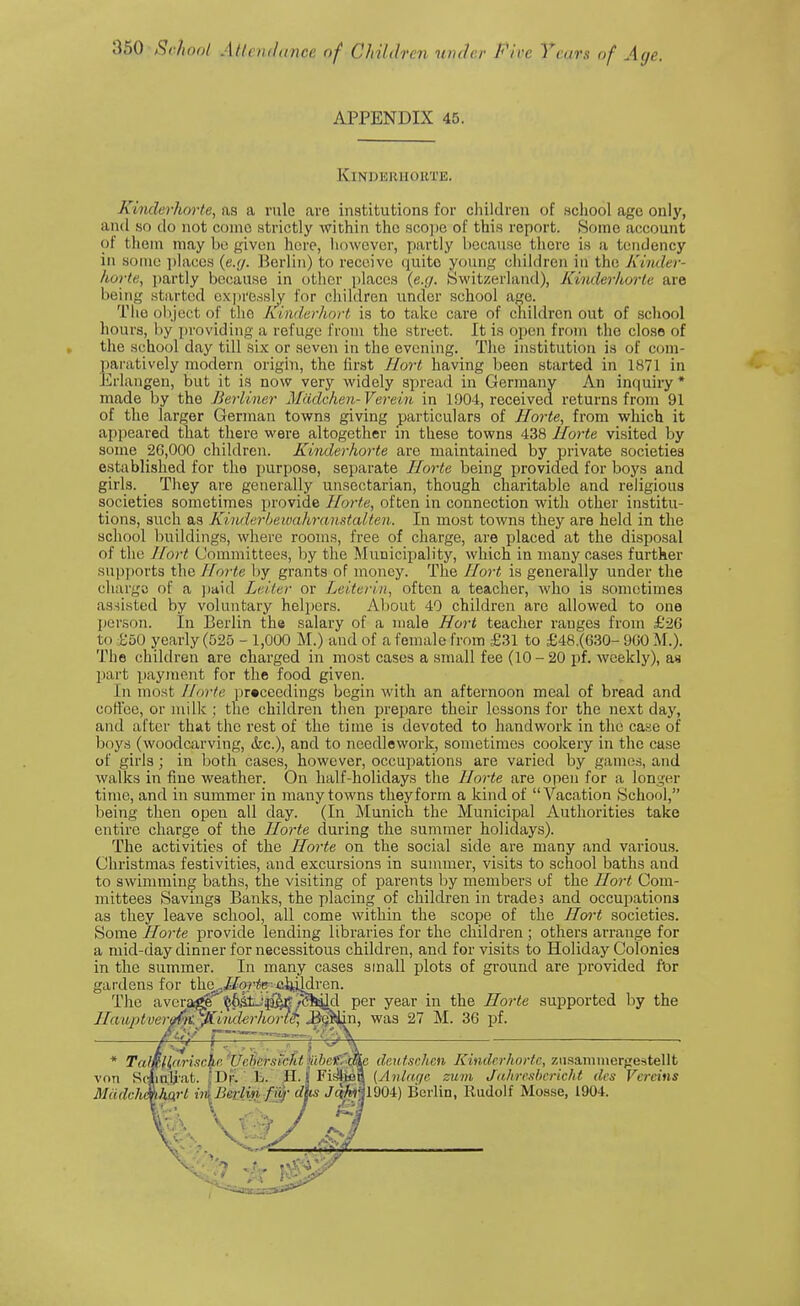APPENDIX 45. KlNDERHORXB. Kvnderhorte, as a rule are institutions for children of school ago only, and so do not come strictly within the scope of this report. Some account of them may be given here, however, partly because there is a tendency in some places (e.g. Berlin) to receive quite young children in the Kvnder- horte, partly because in other places (e.g. Switzerland), KinderJiorte are being started expressly for children under school age. The object of the Ki/nderhort is to take care of children out of school hours, by providing a refuge from the street. It is open from the close of the school day till six or seven in the evening. The institution is of com- paratively modern origin, the first Hort having been started in 1871 in Erlangen, but it is now very widely spread in Germany An inquiry * made by the Berliner Madchen-Vereiu in 1904, received returns from 91 of the larger German towns giving particulars of Horte, from which it appeared that there were altogether in these towns 438 Horte visited by some 26,000 children. Kinderhorte are maintained by private societies established for the purpose, separate Horte being provided for boys and girls. They are generally unsectarian, though charitable and religious societies sometimes provide Horte, often in connection with other institu- tions, such as Kiuderbewalirauxialten. In most towns they are held in the school buildings, where rooms, free of charge, are placed at the disposal of the Hort Committees, by the Municipality, which in many cases further supports the /forte by grants of money. The Hort is generally under the charge of a paid Letter or Leiterin, often a teacher, who is sometimes assisted by voluntary helpers. About 40 children are allowed to one person. In Berlin the salary of a male Hort teacher ranges from £26 to >ob0 yearly (525 - 1,000 M.) and of a female from £31 to £48.(630- 960 M.). The children are charged in most cases a small fee (10-20 pf. weekly), as part payment for the food given. In most IIorle proceedings begin with an afternoon meal of bread and coffee, or milk ; the children then prepare their lessons for the next day, and after that the rest of the time is devoted to handwork in the case of boys (woodcarving, Sic), and to needlework, sometimes cookery in the case of girls; in both cases, however, occupations are varied by games, and walks in fine weather. On half-holidays the Horte are open for a longer time, and in summer in many towns they form a kind of Vacation School, being then open all day. (In Munich the Municipal Authorities take entire charge of the Horte during the summer holidays). The activities of the Horte on the social side are many and various. Christmas festivities, and excursions in summer, visits to school baths and to swimming baths, the visiting of parents by members of the Hort Com- mittees Savings Banks, the placing of children in trades and occupations as they leave school, all come within the scope of the Hort societies. Some Horte provide lending libraries for the children ; others arrange for a mid-day dinner for necessitous children, and for visits to Holiday Colonies in the summer. In many cases small plots of ground are provided for gardens for the.Jfqrte ch,Udren. The avcragp' $6at-'i% $J&ld per year in the Horte supported by the Haujdver^^^iitilerhortS-, JjjMn, was 27 M. 36 pf. F~~'' TalJcH'tri.sehr Urlirrsirhl »#/«•>* U&e deutschen Kindrrhor/r, ziisammergestellt von StJirdiat. {Dr. L. .H. j Fis^oq (Anlage sum Jahresberickt des Vereins Mudchc\ha,rl in. Berlin fur das Jrdir VMi) Berlin, Rudolf Mosse, 1904.