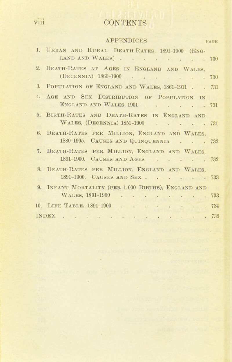 APPENDICES PAOK 1. Urban and Rural Deatii-Rates, 1891-1900 (Eng- land AND Wales) 730 2. Death-Rates at Ages in England and Wales, (I3ECENNIA) 1860-1900 730 3. Population of England and Wales, 1861-1911 . . 731 4. Age and Sex Distribution of Population in England and Wales, 1901 731 5. Birth-Rates and Death-Rates in England and Wales, (Decennia) 1851-1900 731 6. Death-Rates per Million, England and Wales, 1880-1905. Causes and Quinquennia . . .732 7. Death-Rates per Million, England and Wales, 1891-1900. Causes and Ages 732 8. Death-Rates per Million, England and Wales, 1891-1900. Causes and Sex 733 9. Infant Mortality (per 1,000 Births), England and Wales, 1891-1900 733 10. Life Table, 1891-1900 734 INDEX 735