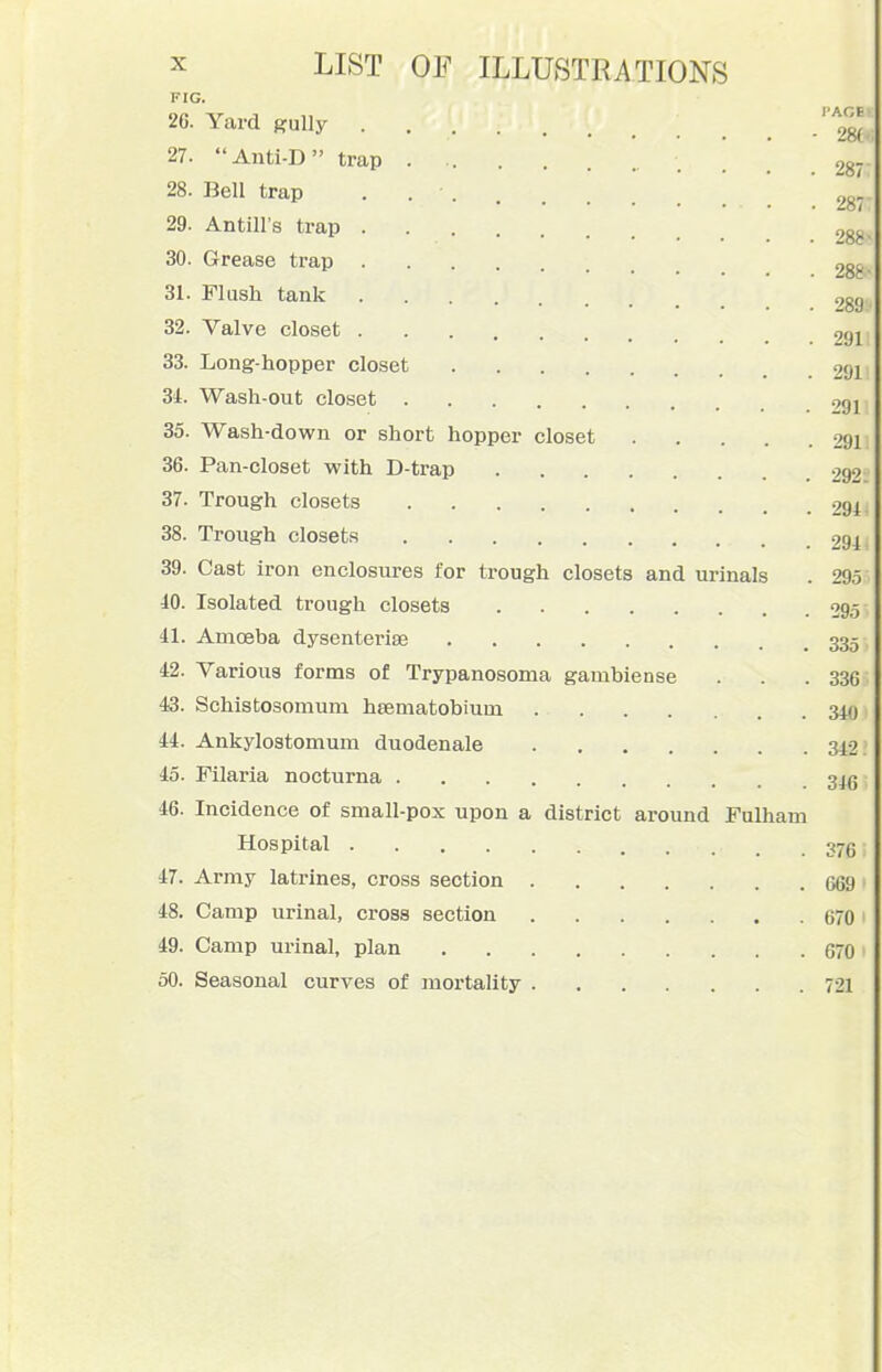 FIG. 26. Yard RuUy /^^^ 27. Anti-D trap . 28 28. Bell trap 28 29. Antill's trap 30. Grease trap 28& 31. Flush tank 9gg 32. Valve closet 9gj 33. Long-hopper closet 291 3i. Wash-out closet 9gj 35. Wash-down or short hopper closet 291 36. Pan-closet with D-trap 29'' 37. Trough closets 29 38. Trough closets 29 39. Cast iron enclosures for trough closets and urinals . 29 40. Isolated trough closets 29.3 41. Amoeba dysenterise 335 42. Various forms of Trypanosoma gambiense . . .336 43. Schistosomum heematobium 34(j 44. Ankylostomum duodenale 3^2 45. Filaria nocturna 3_K5 46. Incidence of small-pox upon a district around Fulham Hospital 375 47. Army latrines, cross section 669 48. Camp urinal, cross section 670 49. Camp urinal, plan 670 50. Seasonal curves of mortality 721