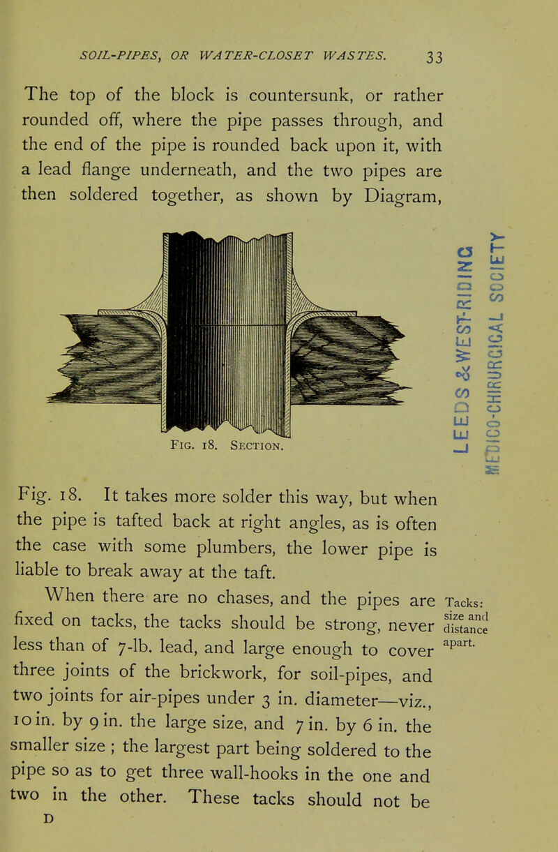 The top of the block is countersunk, or rather rounded off, where the pipe passes through, and the end of the pipe is rounded back upon it, with a lead flange underneath, and the two pipes are then soldered together, as shown by Diagram, Fig. 18. Section. — o a o :^ o Cd =) J? ^ Q o UJ o e Fig. 18. It takes more solder this way, but when the pipe is tafted back at right angles, as is often the case with some plumbers, the lower pipe is liable to break away at the taft. When there are no chases, and the pipes are Tacks: fixed on tacks, the tacks should be strong, never dSance less than of 7-lb. lead, and large enough to cover three joints of the brickwork, for soil-pipes, and two joints for air-pipes under 3 in. diameter—viz., 10 in. by gin. the large size, and 7 in. by 6 in. the smaller size ; the largest part being soldered to the pipe so as to get three wall-hooks in the one and two in the other. These tacks should not be D