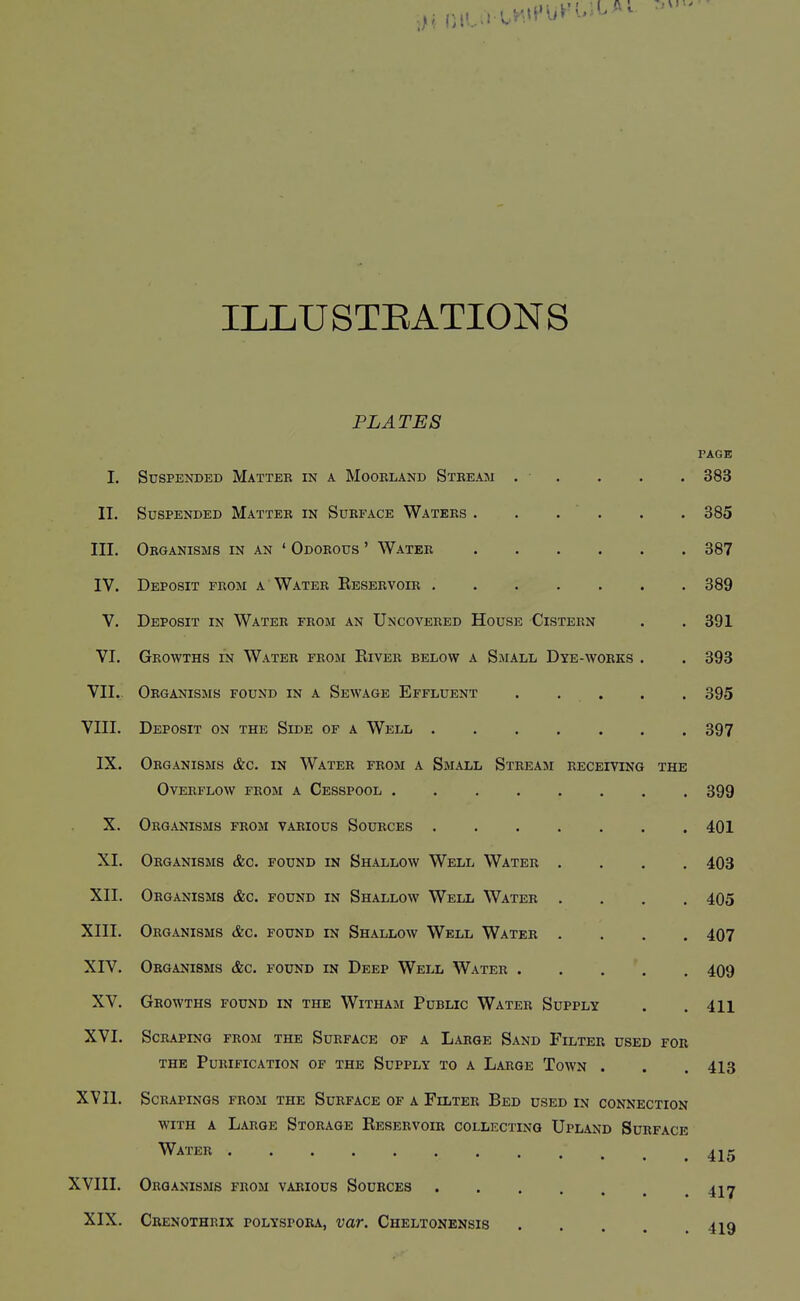 ILLUSTEATI0N8 PLATES PAGE I. Suspended Matteb in a Moobland Stream . . . . . 383 II. Suspended Matter in Surface Waters 385 III. Organisms in an ' Odorous ' Water 387 IV. Deposit from a Water Eeservoir 389 V. Deposit in Water from an Uncovered House Cistern . . 391 VI. Growths in Water from River below a Sjiall Dye-works . . 393 VII.. Organisms found in a Sewage Effluent . . . . . 395 VIII. Deposit on the Side of a Well 397 IX. Organisms &c. in Water from a Small Stream receiving the Overflow from a Cesspool 399 X. Organisms from various Soubces 401 XI. Obganisms &c. pound in Shallow Well Water .... 403 XII. Organisms &c. found in Shallow Well Water .... 405 XIII. Organisms &c. found in Shallow Well Water .... 407 XIV. Organisms (fee. found in Deep Well Water . . . . . 409 XV. Growths found in the Witham Public Water Supply . . 4H XVI. Scraping from the Surface of a Large Sand Filter used for the Purification of the Supply to a Large Town . . . 413 XVII. Scrapings from the Surface of a Filter Bed used in connection with a Large Storage Reservoir collecting Upland Surface Water 415 XVIII. Organisms from various Sources ^jr^ XIX. Crenothrix polyspora, var. Cheltonensis 419