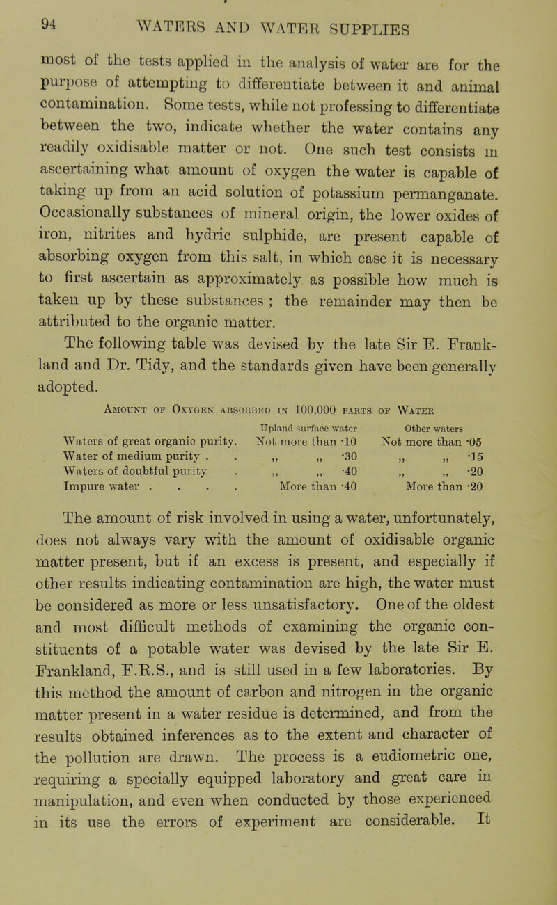 most of the tests applied iii the analysis of water are for the purpose of attempting to differentiate between it and animal contamination. Some tests, while not professing to differentiate between the two, indicate whether the water contains any readily oxidisable matter or not. One such test consists m ascertaining what amount of oxygen the water is capable of taking up from an acid solution of potassium permanganate. Occasionally substances of mineral origin, the lower oxides of iron, nitrites and hydric sulphide, are present capable of absorbing oxygen from this salt, in which case it is necessary to first ascertain as approximately as possible how much is taken up by these substances ; the remainder may then be attributed to the organic matter. The following table was devised by the late Sir E. Frank- land and Dr. Tidy, and the standards given have been generally adopted. Amount of Oxygen absobbed in 100,000 parts of Water Upland surface water Other waters Waters of great organic purity. Not more than -10 Not more than -05 Water of medium purity . . „ „ -30 „ „ -15 Waters of doubtful purity . „ ,, -40 „ „ -20 Impure water .... More than -40 More than -20 The amount of risk involved in using a water, unfortunately, does not always vary with the amount of oxidisable organic matter present, but if an excess is present, and especially if other results indicating contamination are high, the water must be considered as more or less unsatisfactory. One of the oldest and most difficult methods of examining the organic con- stituents of a potable water was devised by the late Sir E. Frankland, F.K.S., and is still used in a few laboratories. By this method the amount of carbon and nitrogen in the organic matter present in a water residue is determined, and from the results obtained inferences as to the extent and character of the pollution are drawn. The process is a eudiometric one, requiring a specially equipped laboratory and great care in manipulation, and even when conducted by those experienced in its use the errors of experiment are considerable. It