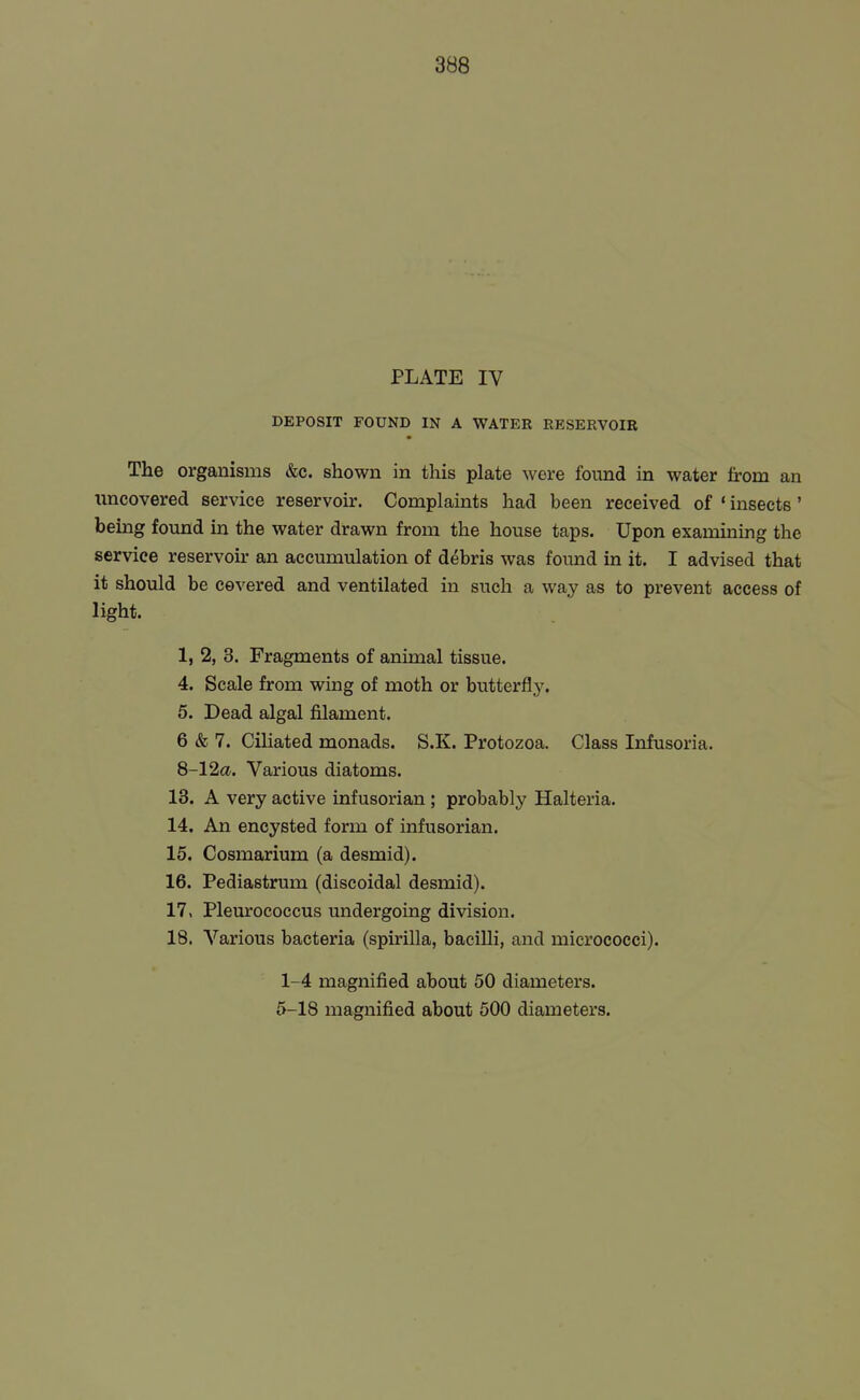PLATE IV DEPOSIT FOUND IN A WATER RESERVOIR The organisms &c. shown in this plate were found in water from an uncovered service reservoir. Complaints had been received of ' insects' being found in the water drawn from the house taps. Upon examining the service reservoir an accumulation of debris was found in it. I advised that it should be covered and ventilated in such a way as to prevent access of light. 1, 2, 3. Fragments of animal tissue. 4. Scale from wing of moth or butterfly. 5. Dead algal filament. 6 & 7. Cihated monads. S.K. Protozoa. Class Infusoria. 8-12a. Various diatoms. 13. A very active infusorian ; probably Halteria. 14. An encysted form of infusorian. 15. Cosmarium (a desmid). 16. Pediastrum (discoidal desmid). 17. Pleurococcus undergoing division. 18. Various bacteria (spirilla, bacilli, and micrococci). 1-4 magnified about 50 diameters. 5-18 magnified about 500 diameters.
