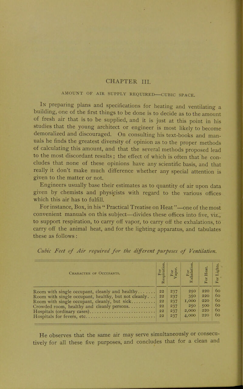 AMOUNT OF AIR SUPPLY REQUIRED—CUBIC SPACE. In preparing plans and specifications for heating and ventilating a building, one of the first things to be done is to decide as to the amount of fresh air that is to be supplied, and it is just at this point in his studies that the young architect or engineer is most likely to become demoralized and discouraged. On consulting his text-books and man- uals he finds the greatest diversity of opinion as to the proper methods of calculating this amount, and that the several methods proposed lead to the most discordant results ; the effect of which is often that'he con- cludes that none of these opinions have any scientific basis, and that really it don't make much difference whether any special attention is given to the matter or not. Engineers usually base their estimates as to quantity of air upon data given by chemists and physicists with regard to the various offices which this air has to fulfill. For instance. Box, in his  Practical Treatise on Heat—one of the most convenient manuals on this subject—divides these offices into five, viz., to support respiration, to carry off vapor, to carry off the exhalations, to carry off the animal heat, and for the lighting apparatus, and tabulates these as follows: Cubic Feet of Air required for the different purposes of Ventilation. Character of Occupants. Room with single occupant, cleanly and healthy Room with single occupant, healthy, but not cleanly. . . Room with single occupant, cleanly, but sick Crowded room, healthy and cleanly persons Hospitals (ordinary cases) Hospitals for fevers, etc For Respiration. For Vapor. For F,.\halation. For Heat. For Lights. 22 237 250 220 60 22 237 350 220 60 22 237 1,000 220 60 22 237 250 500 60 22 237 2,000 220 60 22 237 4,000 220 60 He observes that the same air may serve simultaneously or consecu- tively for all these five purposes, and concludes that for a clean and