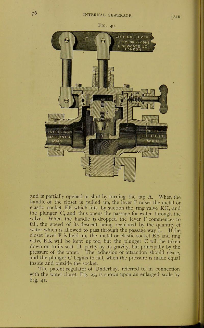 and is partially opened or shut by turning the tap A. When the handle of the closet is pulled up, the lever F raises the metal or elastic socket EE which lifts by suction the ring valve KK, and the plunger C, and thus opens the passage for water through the valve. When the handle is dropped the lever F commences to fall, the speed of its descent being regulated by the quantity of water which is allowed to pass through the passage way L. If the closet lever F is held up, the metal or elastic socket EE and ring valve KK will be kept up too, but the plunger C will be taken down on to its seat D, partly by its gravity, but principally by the pressure of the water. The adhesion or attraction should cease, and the plunger C begins to fall, when the pressure is made equal inside and outside the socket. The patent regulator of Underhay, referred to in connection with the water-closet, Fig. 23, is shown upon an enlarged scale by Fig. 41.