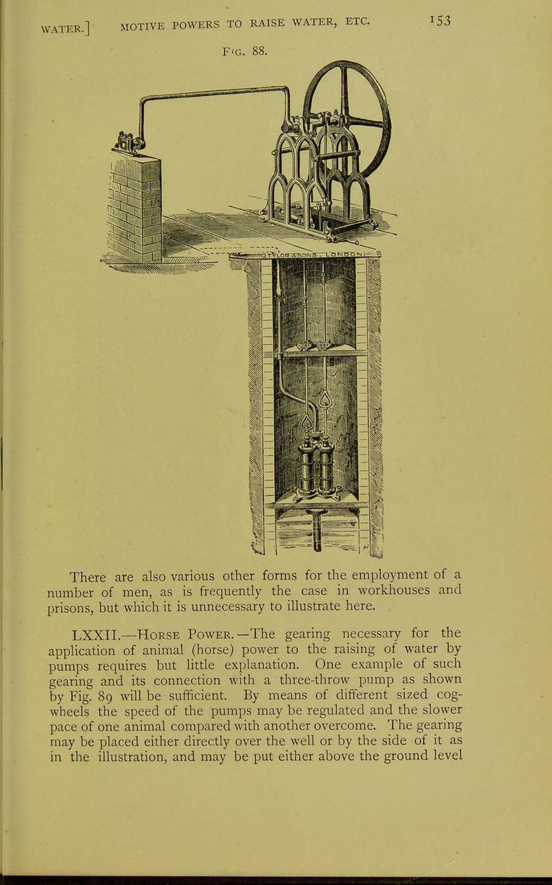 There are also various other forms for the employment of a number of men, as is frequently the case in workhouses and prisons, but which it is unnecessary to illustrate here. LXXII.—Horse Power.—The gearing necessary for the application of animal (horse) power to the raising of water by pumps requires but little explanation. One example of such gearing and its connection with a three-throw pump as shown by Fig. 89 will be sufficient. By means of different sized cog- wheels the speed of the pumps may be regulated and the slower pace of one animal compared with another overcome. The gearing may be placed either directly over the well or by the side of it as in the illustration, and may be put either above the ground level