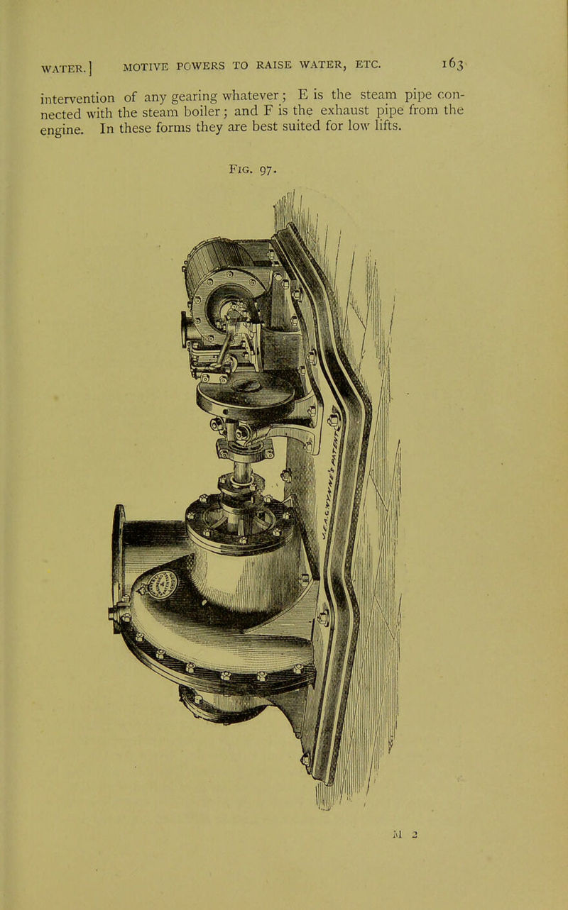 intervention of any gearing whatever; E is the steam pipe con- nected with the steam boiler; and F is the exhaust pipe from the engine. In these forms they are best suited for low lifts.