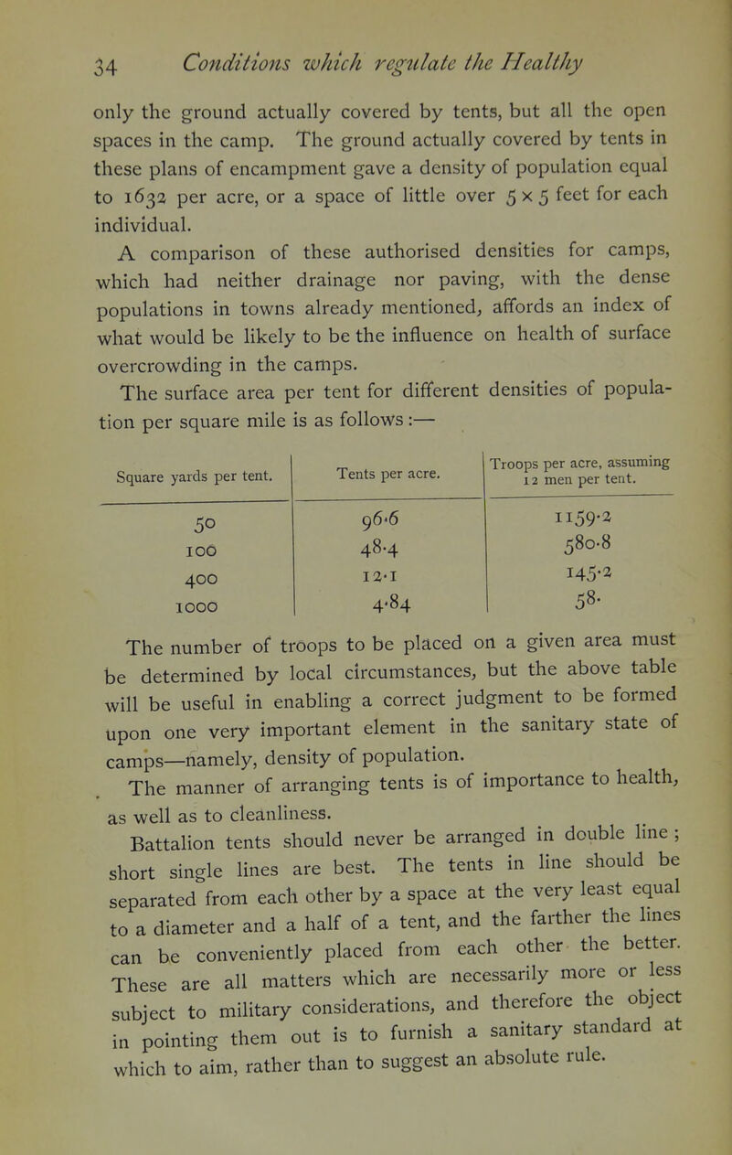 only the ground actually covered by tents, but all the open spaces in the camp. The ground actually covered by tents in these plans of encampment gave a density of population equal to 1633 per acre, or a space of little over 5x5 feet for each individual. A comparison of these authorised densities for camps, which had neither drainage nor paving, with the dense populations in towns already mentioned, affords an index of what would be likely to be the influence on health of surface overcrowding in the camps. The surface area per tent for different densities of popula- tion per square mile is as follows:— Square yards per tent. Tents per acre. Troops per acre, assuming 12 men per teat. 50 96«6 1159-2 100 48.4 580-8 400 I2'I 145-2 1000 4.84 58- The number of troops to be placed on a given area must be determined by local circumstances, but the above table will be useful in enabling a correct judgment to be formed upon one very important element in the sanitary state of camps—namely, density of population. The manner of arranging tents is of importance to health, as well as to cleanliness. Battalion tents should never be arranged in double line ; short single lines are best. The tents in line should be separated from each other by a space at the very least equal to a diameter and a half of a tent, and the farther the hnes can be conveniently placed from each other the better. These are all matters which are necessarily more or less subject to military considerations, and therefore the object in pointing them out is to furnish a sanitary standard at which to aim, rather than to suggest an absolute rule.