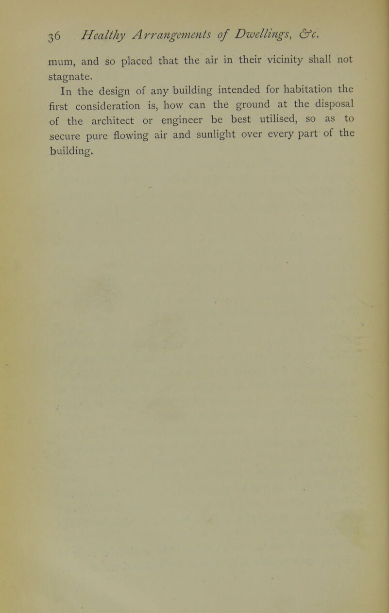 Healthy Arrangements of Dwellings, &c. mum, and so placed that the air in their vicinity shall not stagnate. In the design of any building intended for habitation the first consideration is, how can the ground at the disposal of the architect or engineer be best utilised, so as to secure pure flowing air and sunlight over every part of the building.