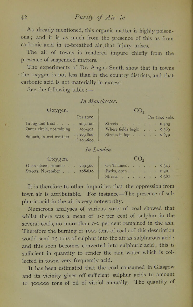 As already mentioned, this organic matter is highly poison- ous ; and it is as much from the presence of this as from carbonic acid in re-breathed air .that injury arises. The air of towns is rendered impure chiefly from the presence of suspended matters. The experiments of Dr. Angus Smith show that in towns the oxygen is not less than in the country districts, and that carbonic acid is not materially in excess. See the following table :— In Manchester, Oxygen. In fog and frost . Outer circle, not raining Suburb, in wet weather Oxygen. Open places, summer . Streets, November , , Per I coo 209-100 209-407 209-800 209-600 CO, Per 1000 vols. Streets 0-403 Where fields begin , . . 0-369 Streets in fog 0-679 In London. 209-500 208-850 CO2 On Thames 0-343 Parks, open 0-301 Streets 0-380 It is therefore to other impurities that the oppression from town air is attributable. For instance—The presence of sul- phuric acid in the air is very noteworthy. Numerous analyses of various sorts of coal showed that whilst there was a mean of 1-7 per cent of sulphur in the several coals, no more than o-a per cent remained in the ash. Therefore the burning of 1000 tons of coals of this description would send 15 tons of sulphur into the air as sulphurous acid ; and this soon becomes converted into sulphuric acid ; this is sufficient in quantity to render the rain water which is col- lected in towns very frequently acid. It has been estimated that the coal consumed in Glasgow and its vicinity gives off sufficient sulphur acids to amount to 300,000 tons of oil of vitriol annually. The quantity of