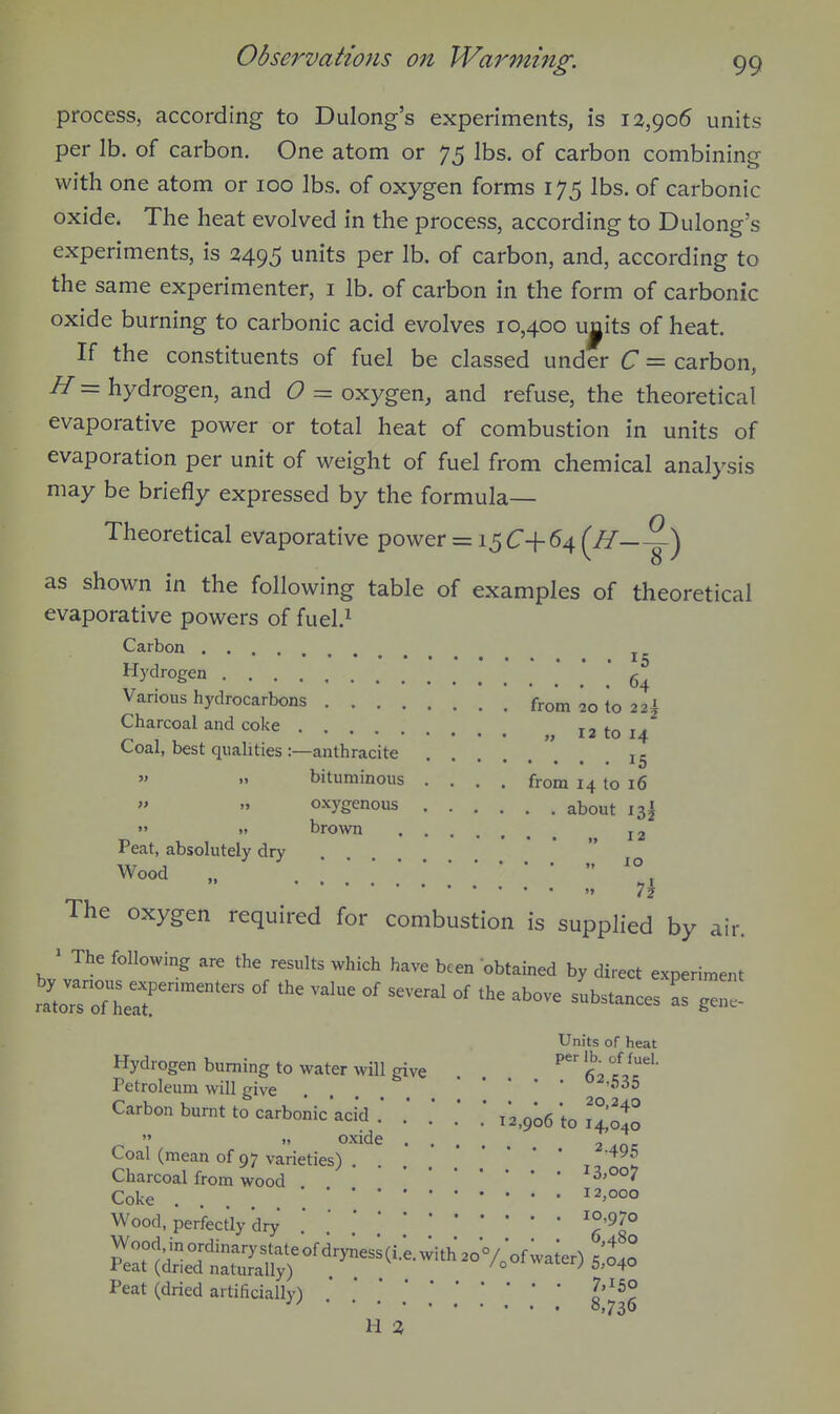 process, according to Dulong's experiments, is 12,906 units per lb. of carbon. One atom or 75 lbs. of carbon combining with one atom or 100 lbs. of oxygen forms 175 lbs. of carbonic oxide. The heat evolved in the process, according to Dulong's experiments, is 2495 units per lb. of carbon, and, according to the same experimenter, i lb. of carbon in the form of carbonic oxide burning to carbonic acid evolves 10,400 uj^its of heat. If the constituents of fuel be classed under C = carbon, If = hydrogen, and O = oxygen, and refuse, the theoretical evaporative power or total heat of combustion in units of evaporation per unit of weight of fuel from chemical analysis may be briefly expressed by the formula- Theoretical evaporative power = 15C+64 T/^——) as shown in the following table of examples of theoretical evaporative powers of fuel.^ Carbon Hydrogen .' * 64 Various hydrocarbons from 20 to 22^ Charcoal and coke „ 12 to 14 Coal, best qualities :—anthracite bituminous .... from 14 to 16 The oxygenous about 13^ »' » brown j2 Peat, absolutely dry Wood „ . ..10^  7^ oxygen required for combustion is supplied by air. > The following are the results which have been obtained by direct experiment raUrToTLT' ^ °' ^^^^-^ - Units of heat Hydrogen burning to water ^vill give . . . ''62 =7= Petroleum will give .... ' ' ' Carbon burnt to carbolic acid .* .* .' .^^'^^ to I'l'olo   .... 2 Aoe. Coal (mean of 97 varieties) .... ' * ' t I Charcoal from wood 13,007 Coke . . ^2,000 Wood, perfectly'dry Peat (dried artificially) ....''.'.''** g'J^g H 2