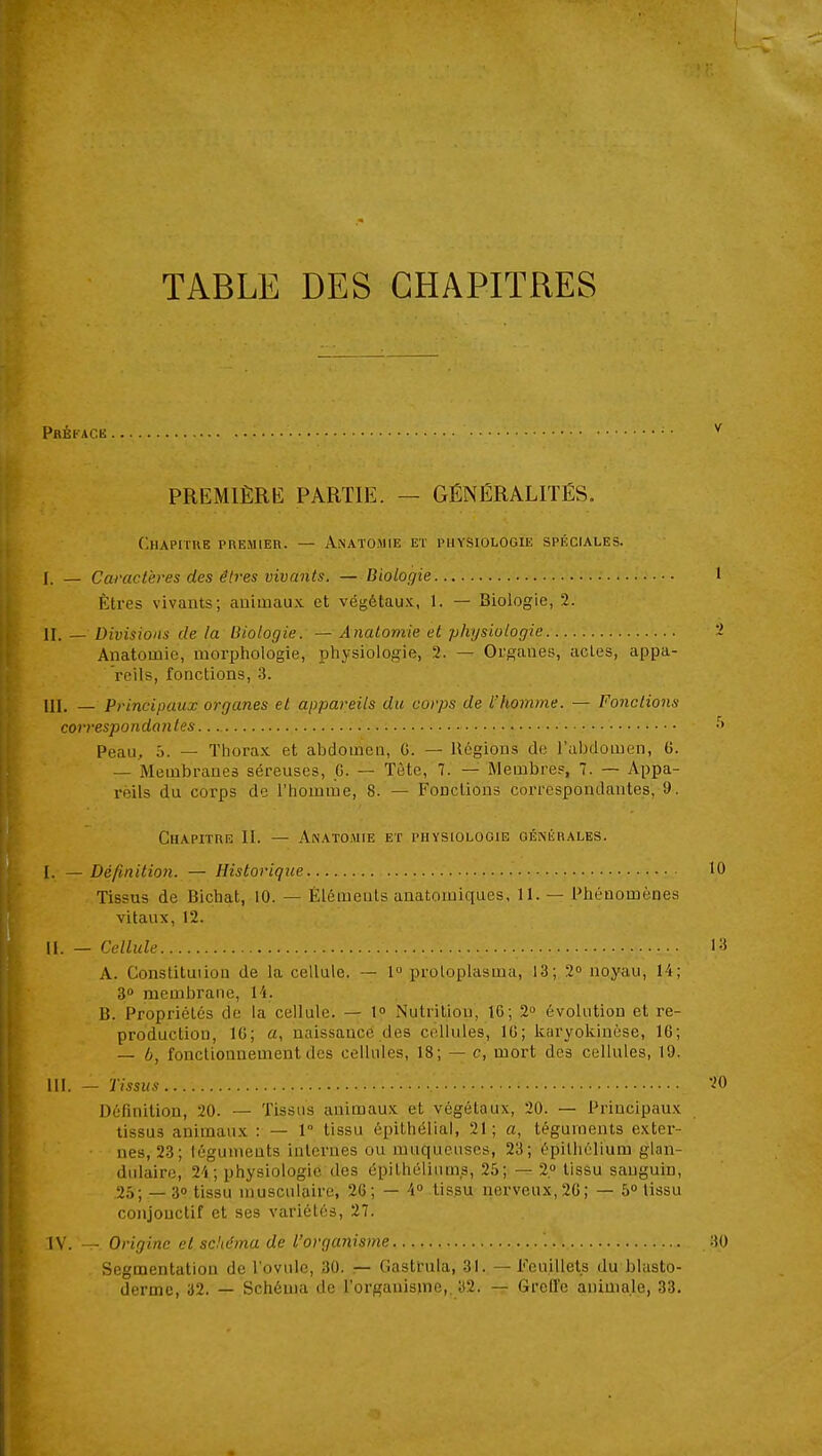 TABLE DES CHAPITRES Prékack PREMIÈRE PARTIE. — GÉNÉRALITÉS. Chapitre premier. — Anatomie et physiologie spéciales. I. - Caractères des êtres vivants. — Biologie Êtres vivants; animaux et végétaux, 1. — Biologie, 2. II. — Divisions de la Biologie. — Analomie et physiologie Anatomie, morphologie, physiologie, 2. — Organes, acles, appa- reils, fonctions, 3. UI. — Principaux organes et appareils du corps de l'homme. — Fondions correspondantes Peau, ô. — Thorax et abdomen, G. — llcgions do l'abdomen, G. — Membranes séreuses, 6. — Tète, 7. — Membres, 7. — Appa- reils du corps de l'homme, 8. — Fonctions correspondantes, 9. Chapitriî: II. — Anatomie et physiologie générales. I. — Définition. — Historique Tissus de Bichat, 10. — Éléments anatomiques, U. — Phénomènes vitaux, 12. U. — Cellule A. Constituiioa de la cellule. — 1» proloplasma, 13; 2 noyau, 14; 3° membrane, B. Propriétés de la cellule. — l» Nutrition, IG; 2» évolution et re- production, IG; a, naissance des cellules, IG; karyokinùse, IG; — b, fonctionnement des cellules, 18; — c, mort des cellules, 19. m. — Tissus Définition, 20. — Tissus animaux et végétaux, 20. — Principaux tissus animaux : — 1° tissu épithélial, 21; a, téguments exter- nes, 23; téguments internes ou muqueuses, 23; épitliélium glan- dulaire, 2'i; physiologie des épithéliums, 25; — 2,0 tissu sanguin, 25; — 30 tissu musculaire, 2G; — 4« tissu nerveux, 2G; — 5 tissu conjouctif et ses variétés, 27. jy. — Origine et schéma de l'organisme Segmentation de l'ovule, 30. — Gastfula, 31. — Feuillets du blasto- derme, 32. — Schéma de l'organisme,. ^2. — GrcH'e animale, 33.