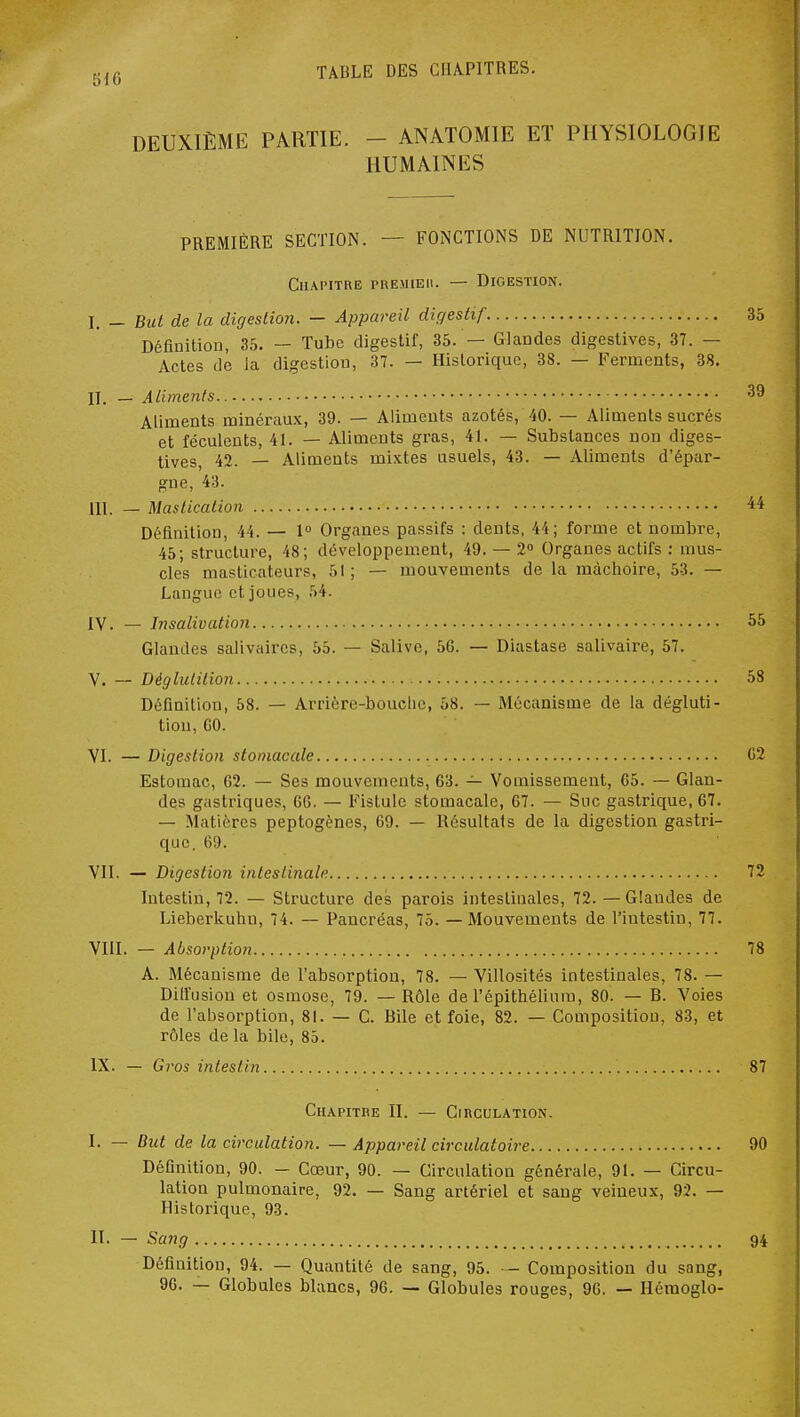 DEUXIÈME PARTIE. - ANATOMIE ET PHYSIOLOGIE HUMAINES PREMIÈRE SECTION. — FONCTIONS DE NUTRITION. Chapitre prejueii. — Digestion. I. — But de la digestion. — Appareil digestif 35 Définition, 35. - Tube digestif, 35. — Glafldes digestives, 37. — Actes de ia digestion, 37. — Historique, 38. — Ferments, 38. II. — Aliments 39 Aliments minéraux, 39. — Aliments azotés, 40. — Aliments sucrés et féculents, 41. — Aliments gras, 41. — Substances non diges- tives, 42. — Aliments mixtes usuels, 43. — Aliments d'épar- gne, 43. III. — Mastication 44 Définition, 44. — 1° Organes passifs : dents, 44; forme et nombre, 45; structure, 48; développement, 49. — 2o Organes actifs : mus- cles masticateurs, 51; — mouvements de la mâchoire, 53. — Langue et joues, 54. IV. — Insalivation 55 Glandes salivaires, 55. — Salive, 56. — Diastase salivaire, 57. V. — Déglutition 58 Définition, 58. — Arrière-bouche, 58. — Mécanisme de la dégluti- tion, GO. VI. — Digestion stomacale G2 Estomac, 62. — Ses mouvements, 63. — Vomissement, 65. — Glan- des gastriques, 60. — Fistule stomacale, 67. — Suc gastrique, 67. — Matières peptogènes, 69. — Résultais de la digestion gastri- que. 69. VIL — Digestion intestinale 72 Intestin, 72. — Structure des parois intestinales, 72. — Glandes de Lieberkuhn, 74. — Pancréas, 75. —Mouvements de l'intestin, 77. VIII. — Absorption 78 A. Mécanisme de l'absorption, 78. — Villosités intestinales, 78. — Dill'usion et osmose, 79. — Rôle de l'épithéliura, 80. — B. Voies de l'absorption, 81. — G. Bile et foie, 82. — Composition, 83, et rôles de la bile, 85. IX. — Gros intestin 87 Chapitre II. — Circulation. I. — Dut de la circulation. — Appareil circulatoire 90 Définition, 90. - Cœur, 90. — Circulation générale, 91. — Circu- lation pulmonaire, 92. — Sang artériel et sang veineux, 92. — Historique, 93. II. — Sang 94 Définition, 94. — Quantité de sang, 95. — Composition du sang, 96. — Globules blancs, 96. — Globules rouges, 96. — Hémoglo-