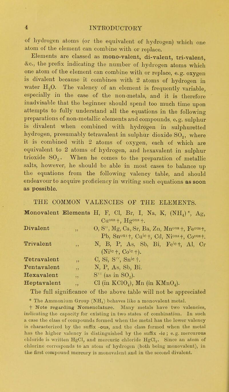 of hydrogen atoms (or the equivalent of hydrogen) which one atom of the element can combine with or replace. Elements are classed as mono-valent, di-valent, tri-valent, &c, the prefix indicating the number of hydrogen atoms which one atom of the element can combine with or replace, e. g. oxygen is divalent because it combines with 2 atoms of hydrogen in water H20. The valency of an element is frequently variable, especially in the case of the non-metals, and it is therefore inadvisable that the beginner should spend too much time upon attempts to fully understand all the equations in the following preparations of non-metallic elements and compounds, e.g. sulphur is divalent when combined with hydrogen in sulphuretted hydrogen, presumably tetravalent in sulphur dioxide S02, where it is combined with 2 atoms of oxygen, each of which are equivalent to 2 atoms of hydrogen, and hexavalent in sulphur trioxide S03. When he comes to the preparation of metallic salts, however, he should be able in most cases to balance up the equations from the following valency table, and should endeavour to acquire proficiency in writing such equations as soon as possible. THE COMMON VALENCIES OF THE ELEMENTS. Monovalent Elements H, F, CI, Br, I, Na, K, (NH4) *, Ag, Cu0,,st, Hg°119 f. Divalent „ O, S, Mg, Ca, Sr, Ba, Zn, Mn»'» t, Fe°«st, Pb, Sn»»t, Cuic+, Cd, Ni°*t, Co'»«t. Trivalent „ N, B, P, As, Sb, Bi, Fe'cf, AI, Cr (Ni'ct, Co* t). Tetravalent „ C, Si, S,v, Snic f. Pentavalent ,, N, P, As, Sb, Bi. Hexavalent ,, SV1 (as in S03). Heptavalent „ CI (in KCIOJ, Mn (in KMn04). The full significance of the above table will not be appreciated * The Ammonium Group (NH4) behaves like a monovalent metal. t Note regarding Nomenclature. Many metals have two valencies, indicating the capacity for existing in two states of combination. In such a case the class of compounds formed when the metal has the lower valency is characterized by the suffix -ous, and the class formed when the metal has tho higher valency is distinguished by tho suffix -ic ; e. g. mercurous chloride is written HgCl, and mercuric chloride llgClj. Since an atom of chlorine corresponds to an atom of hydrogen i^both being monovalent)} in the first compound mercury is monovalent and in the second divalent.