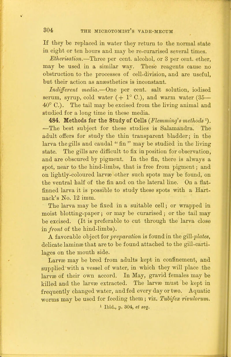 If tliey be replaced in water they return to tlie noi-mal state in eigbt or ten hours and may be re-curarised several times. Etherisation.—Three per cent, alcohol, or 3 per cent, ether, may be used in a similar way. These reagents cause no obstruction to the processes of cell-division, and are useful, but their action as anaesthetics is inconstant. Indifferent media.—One per cent, salt solution, iodised serum, syrup, cold water (+1° C.), and warm water (35— 40° C). The tail may be excised from the living animal and studied for a long time in these media. 484. Methods for the Study of Cells (Flemming's methods —The best subject for these studies is Salamandra. The adult offers for study the thin transparent bladder; in the larva the gills and caudal  fin  may be studied in the living state. The gills are difficult to fix in position for observation, and are obscured by pigment. In the fin, there is always a spot, near to the hind-limbs, that is free from pigment; and on lightly-coloured larvae other such spots may be found, on the ventral half of the fin and on the lateral line. On a flat- finned larva it is possible to study these spots with a Hart- nack's No. 12 imm. The larva may be fixed in a suitable cell; or wrapped in moist blotting-paper; or may be curarised ; or the tail may be excised. (It is preferable to cut through the larva close in front of the hiud-limbs). A favorable object ior preparation is found in the gUl-plates, delicate laminae that are to be found attached to the gill-carti- lages on the mouth side. Larvae may be bred from adults kept in confinement, and sup plied'with a vessel of water, in which they will place the larvae of their own accord. In May, gravid females may be killed and the larvae extracted. The larvae must be kept in frequently changed water, and fed every day or two. Aquatic worms may be used for feeding them; viz. Tubifex rivulorum.