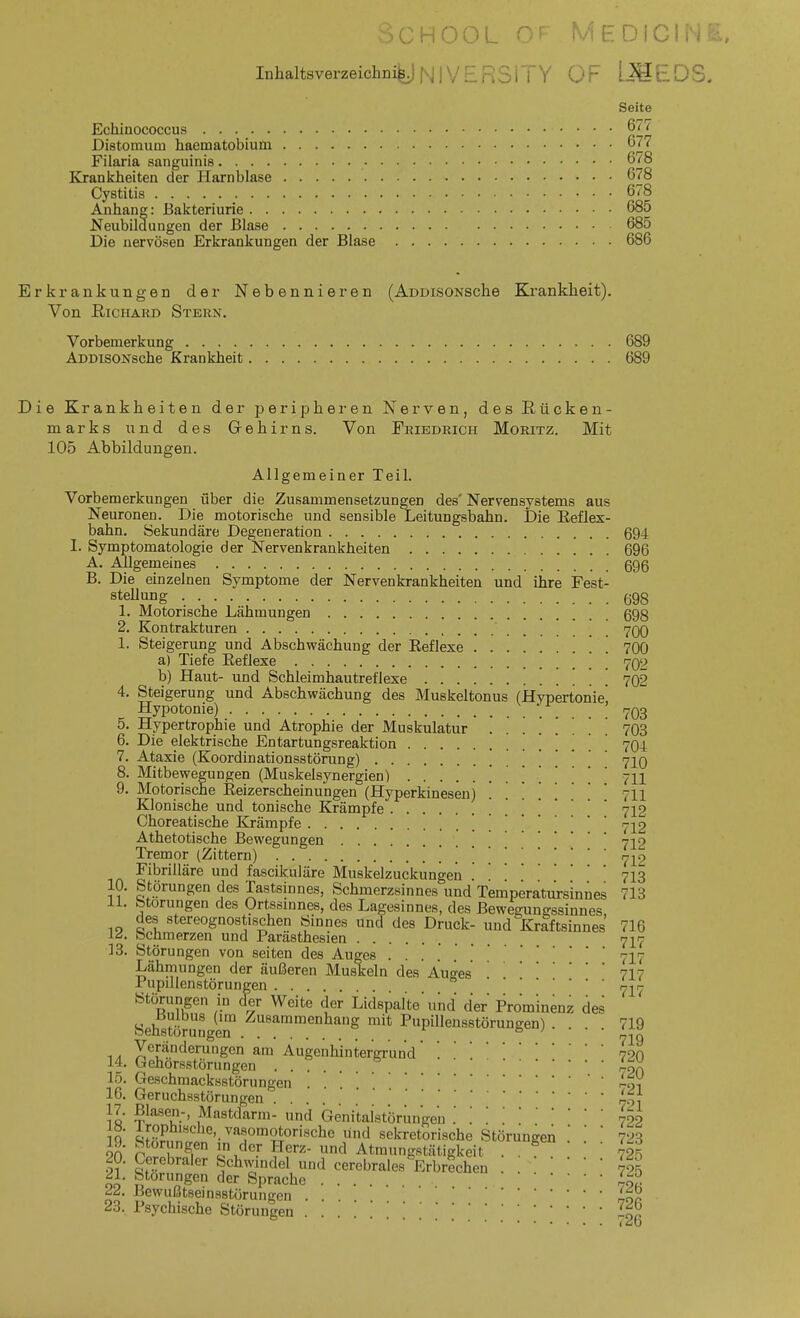 C h ü u L ; lEDIClii^, Inhaltsverzeichnis N] VERS IT Y ÜF lJSEDS. Seite Echinococcus ß''' Distoraum haematobium 677 Filaria sanguinis 678 Krankheiten der Harnblase 678 Cystitis 678 Anhang: Bakteriurie 685 Neubildungen der Blase 685 Die nervösen Erkrankungen der Blase 686 Erkrankungen der Nebennieren (ADDisoNSche Krankheit). Von ßicHAKD Stern. Vorbemerkung 689 ADDlsONsche Krankheit 689 Die Krankheiten der peripheren Nerven, des Rücken- marks und des Gehirns. Von Friedrich Moritz. Mit 105 Abbildungen. Allgemeiner Teil. Vorbemerkungen über die Zusammensetzungen des' Nervensystems aus Neuronen. Die motorische und sensible Leitungsbahn. Die Reflex- bahn, Sekundäre Degeneration 694 I. Symptomatologie der Nervenkrankheiten 696 A. Allgemeines 696 B. Die einzelnen Symptome der Nervenkrankheiten und ihre Fest- steUung 698 1. Motorische Lähmungen 698 2. Kontrakturen 7Q0 1. Steigerung und Abschvrächung der Eeflexe '. . 700 a) Tiefe Eeflexe 702 b) Haut- und Schleimhautreflexe . . 702 4. Steigerung und Abschwächung des Muskeltonus (Hypertonie' Hypotonie) 703 5. Hypertrophie und Atrophie der Muskulatur ....... 703 6. Die elektrische Entartungsreaktion 704 7. Ataxie (Koordinationsstörung) . . . . 710 8. Mitbewegungen (Muskelsynergien) 711 9. Motorische Eeizerscheinungen (Hyperkinesen) 711 Klonische und tonische Krämpfe Choreatische Krämpfe ' 7]^2 Athetotische Bewegungen 722 Tremor (Zittern) 712 Fibrilläre und fascikuiäre Muskelzuckungen 713 10. Störungen des Tastsinnes, Schmerzsinnes und Temperatursinnes 713 11. Störungen des prtssmnes, des Lagesinnes, des Bewegungssinnes, des stereognostischen Sinnes und des Druck- und Krfftsinnes 716 id. Schmerzen und Parasthesien 7^7 13. Störungen von Seiten des Auges 7I7 Lähinungen der äußeren Muskeln des Auges717 Pupillenstörungen 7J7 Störungen in cfer Weite der Lidspalte und der Prominenz des SehstörJnge™ ™i* Pupillensstörungen) .... 719 1A Äugenhintergrund' .720 14. Gehorsstörungen . . ? l-iY. 15. Ge-schmacksstörungen ' ' '-oi 16. Geruchsstörungen .... npj }q Mastdarm- und Genitaistörungeii '. '.^22 \^ i|'.<?P'i'«che, vasomotorische und sekretorische Störungen  ' ' 723 19. Störungen in der Herz- und Atmungstätigkeit . ^ ' ' 72^ 20. Cerebraler Schwindel und cerebrales Erbrechen . . ^^5 21. Störungen der Sprache .... ii^. 22 Bewußtseinsstörungen if^^ 23. Psychische Störungen