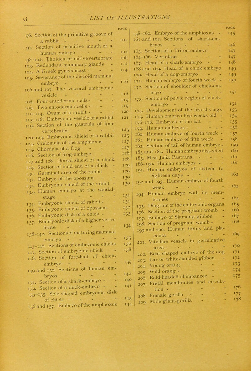 96. Section of the primitive groove of a rabbit . - - - - 97. Section of primitive mouth of a human embryo - - - 98-102. The ideal primitive vertebrate 103. Redundant mammary glands 104. A Greek gynecomast - 105. Severance of the discoid mammal embryo - - -   106 and 107. The visceral embryonic vesicle - - - - - 108. Four entodermic cells- 109. Two entodermic cells - 110-114. Ovum of a rabbit - 115-118. Embryonic vesicle of a rabbit 119. Section of the gastrula of four vertebrates . - - - 120-123. Embryonic shield of a rabbit 124. Coelomula of the amphioxus 125. Chordula of a frog 126. Section of frog-embryo 127 and 128. Dorsal shield of a chick 129. Section of hind end of a chick - 130. Germinal area of the rabbit 131. Embryo of the opossum 132. Embryonic shield of the rabbit - 133. Human embryo at the sandal- stage - - - - 134. Embryonic shield of rabbit - 135. Embryonic shield of opossum - 136. Embryonic disk of a chick - 137. Embryonic disk of a higher verte- brate - - ■  ■ 138-142. Sections of maturingraammal embryo 143-146. Sections of embryonic chicks 147. Section of embryonic chick 148. Section of fore-half of chick- embryo - - - ■ ' 149 and 150. Sections of human em- bryos - - - ■  151. Section of a shark-embryo - 152. Section of a duck-embryo - 153-155- Sole-shaped embryonic disk of chick - - - -  156 and 157. Embryo of the amphioxus PAGE 102 106 I 12 114 116 iiS 119 119 120 121 123 125 127 127 128 128 129 129 130 130 131 131 132 133 134 135 136 138 139 140 140 141 143 144 -160. Embryo of the amphioxus - and 162. Sections of shark-em- bryos - - - - - Section of a Triton-embryo -166. Vertebrae - - - - Head of a shark-embryo - and 169. Head of a chick embryo . Head of a dog-embryo , Human embryo of fourth week - . Section of shoulder of chick-em- bryo ------ Section of pelvic region of chick- embryo Development of the lizard's legs Human embryo five weeks old - -178. Embryos of the bat Human embryos - - - - - Human embryo of fourth week - Human embryo of fifth week Section of tail of human embryo - and 184. Human embryo dissected , Miss Julia Pastrana - -190. Human embryos - - - . Human embryos of sixteen to eighteen days - - - - and 193. Human embryo of fourth week . - - - - Human embryo with its mem- branes - . - - - Diagram of the embryonic organs Section of the pregnant womb - Embryo of Siamang-gibbon Section of pregnant womb - and 200. Human foetus and pla- centa - - -   Vitelline vessels in germinative area Boat-shaped embryo of the dog Lar or white-handed gibbon Young orang - - -  Wild orang Bald-headed chimpanzee - Foetal membranes and circula- tion 208. Female gorilla - - - - 209. Mide giant-gorilla 158 161 163 164 167 168 170. 171. 172. 173- 174. 175- 176- 179. 180. 181. 182. 183 185 186 191 192 194. 195- 196. 197. 198, 199 201 202, 203. 204. 205. 206 207 '45 146 147 '47 148 149 149 150 '53 •54 '55 ■56 157 '58 159 160 161 161 162 162 164 165 166 167 168 169 170 171 172 173 174 175 ,76 '77 178