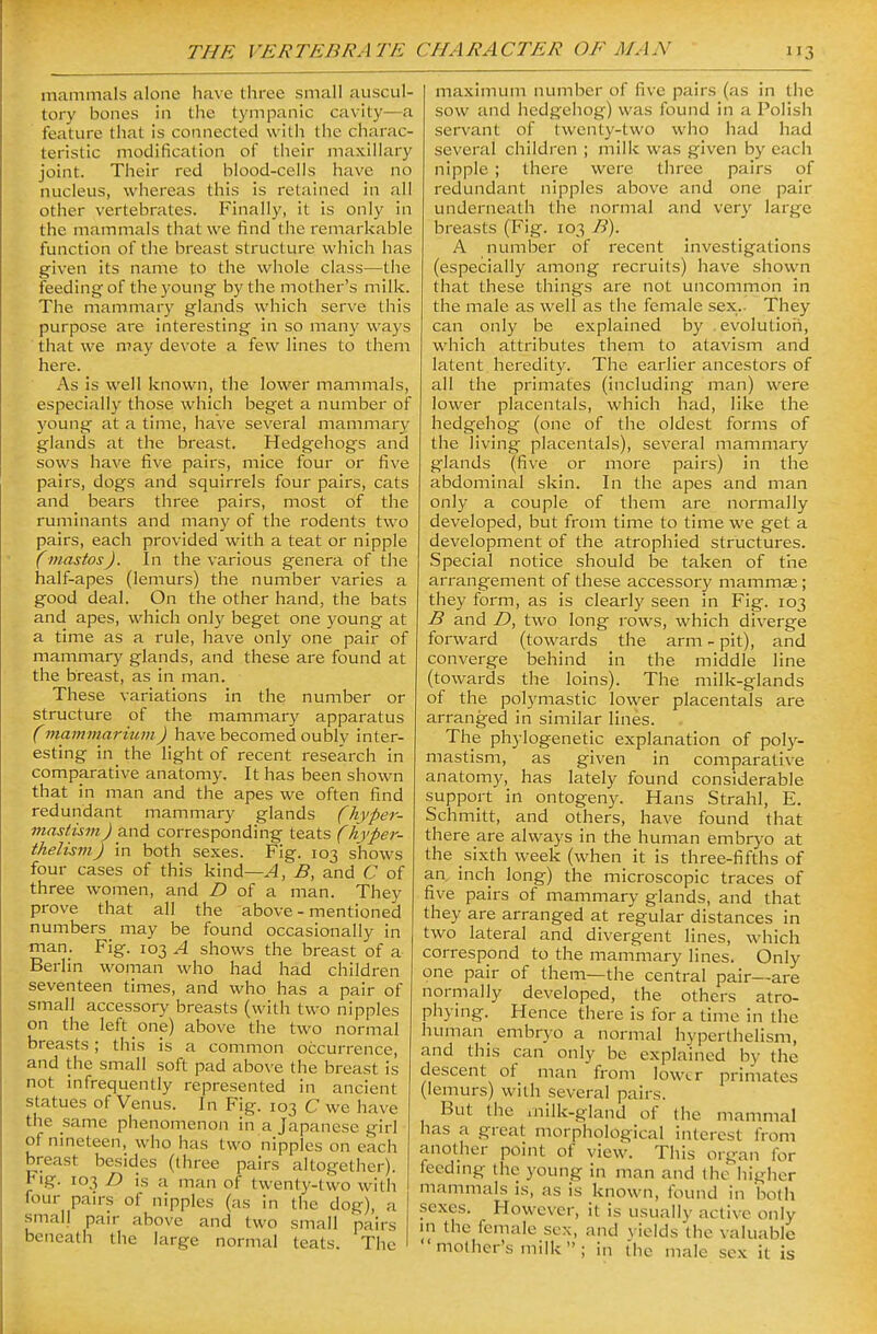 mammals alone have three small auscul- tory bones in tlie tympanic cavity—a feature that is connected with the charac- teristic modification of their maxillary joint. Their red blood-cells have no nucleus, whereas this is retained in all other vertebrates. Finally, it is only in the mammals that we find the remarkable function of the breast structure which has given its name to the whole class—the feeding of the young by the mother's milk. The mammary glands which serve this purpose are interesting in so many ways that we may devote a few lines to them here. As is well known, the lower mammals, especially those which beget a number of young at a time, have several mammary glands at the breast. Hedgehogs and sows have five pairs, mice four or five pairs, dogs and squirrels four pairs, cats and bears three pairs, most of the ruminants and many of the rodents two pairs, each provided with a teat or nipple (mastos). In the various genera of the half-apes (lemurs) the number varies a good deal. On the other hand, the bats and apes, which only beget one young at a time as a rule, have only one pair of mammary glands, and these are found at the breast, as in man. These variations in the number or structure of the mammary apparatus (mammariumJ have becomed oubly inter- esting in the light of recent research in comparative anatomy. It has been shown that in man and the apes we often find redundant mammary glands (hyper- mastism) and corresponding teats (hyper- thelisvi) in both sexes. Fig. 103 shows four cases of this kind—^, B, and C of three women, and /) of a man. They prove that all the above-mentioned numbers may be found occasionally in man. Fig. 103 A shows the breast of a Berlin woman who had had children seventeen times, and who has a pair of small accessory breasts (with two nipples on the left one) above the two normal breasts; this is a common occurrence, and the small soft pad above the breast is not infrequently represented in ancient statues of Venus. In Fig. 103 C we have the same phenomenon in a Japanese girl of nineteen, who has two nipples on each breast besides (three pairs altogether). Fig. 103 D is a man of twenty-two with four pairs of nipples (as in the dog), a small pair above and two small pairs beneath the large normal teats. The maximum number of five pairs (as in the sow and hedgehog) was found in a Polish servant of twenty-two who had had several children ; milk was given by each nipple ; there were three pairs of redundant nipples above and one pair underneath the normal and very large breasts (Fig. 103 B). A number of recent investigations (especially among recruits) have shown that these things are not uncommon in the male as well as the female sex.. They can only be explained by .evolution, which attributes them to atavism and latent heredity. The earlier ancestors of all the primates (including man) were lower placentals, which had, like the hedgehog (one of the oldest forms of the living placentals), several mammary glands (five or more pairs) in the abdominal skin. In the apes and man only a couple of them are normally developed, but from time to time we get a development of the atrophied structures. Special notice should be taken of the arrangement of these accessory mammae; they form, as is clearly seen in Fig. 103 B and D, two long rows, which diverge forward (towards the arm - pit), and converge behind in the middle line (towards the loins). The milk-glands of the polymastic lower placentals are arranged in similar lines. The phylogenetic explanation of poly- mastism, as given in comparative anatomy, has lately found considerable support in ontogeny. Hans Strahl, E. Schmitt, and others, have found that there are always in the human embryo at the sixth week (when it is three-fifths of an, inch long) the microscopic traces of five pairs of mammary glands, and that they are arranged at regular distances in two lateral and divergent lines, which correspond to the mam'^mary lines. Only one pair of them—the central pair—are normally developed, the others atro- phying. Hence there is for a time in the human embryo a normal hyperthelism, and this can only be explained by the descent of man from lower primates (lemurs) with several pairs. But the .nilk-gland of the mammal has a great morphological interest from another point of view. This organ for fecdmg the young in man and the higher mammals is, as is known, found in both sexes. However, it is usually active only m the female sex, and vields the valuable mother's milk ; in the male sex it is