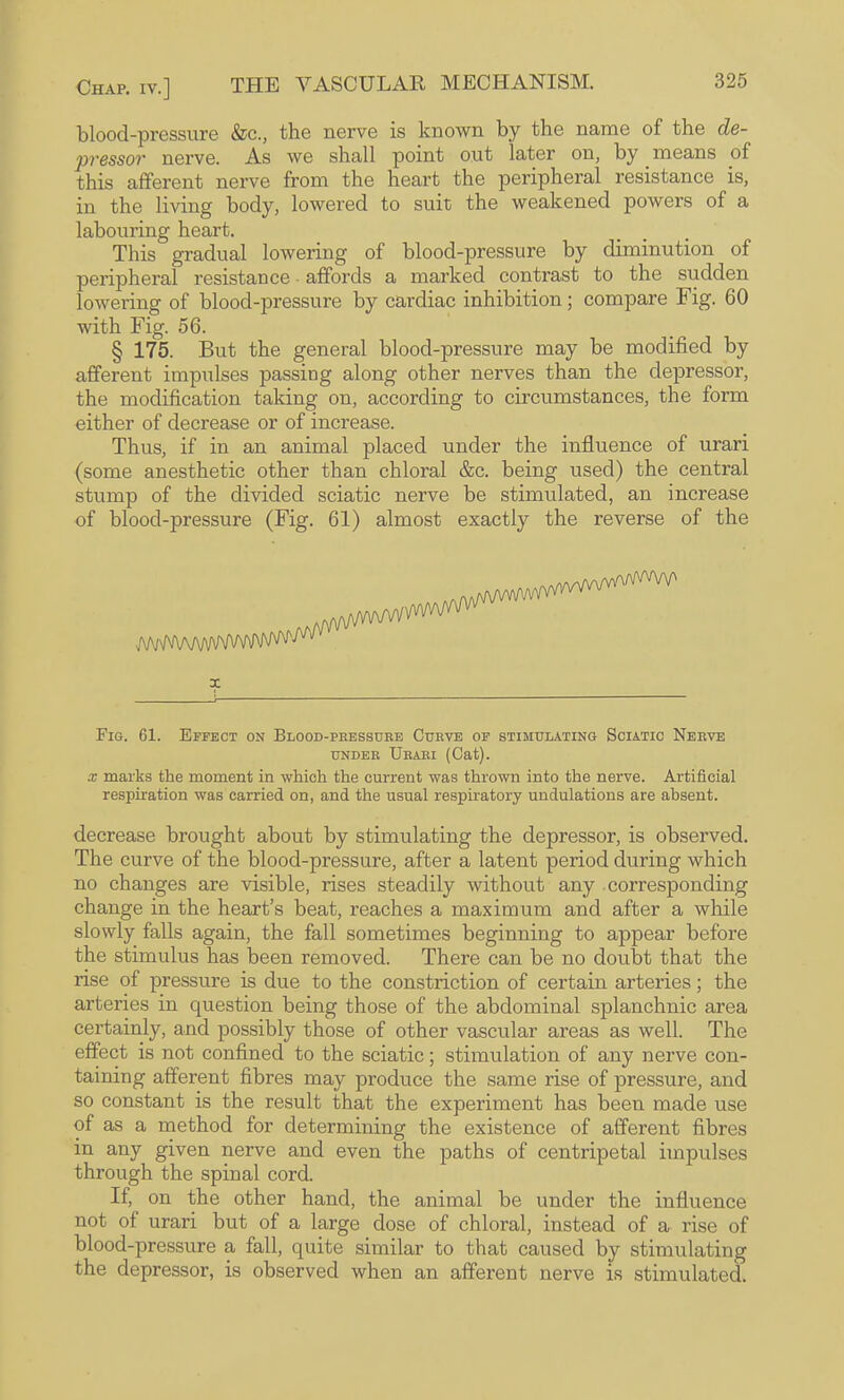 blood-pressure &c.) the nerve is known by the name of the de- pvessoT nerve. As we shall point out later on, by means of this afferent nerve from the heart the peripheral resistance is, in the living body, lowered to suit the weakened powers of a labouring heart. This gradual lowering of blood-pressure by diminution of peripheral resistance • affords a marked contrast to the sudden lowering of blood-pressure by cardiac inhibition; compare Fig. 60 with Fig. 56. § 175. But the general blood-pressure may be modified by afferent imptilses passing along other nerves than the depressor, the modification taking on, according to circumstances, the form either of decrease or of increase. Thus, if in an animal placed under the influence of urari (some anesthetic other than chloral &c. being used) the central stump of the divided sciatic nerve be stimulated, an increase of blood-pressure (Fig. 61) almost exactly the reverse of the X Fig. 61. Effect on Blood-pressuee Curve of stimulating Sciatic Nerve UNDER Urari (Cat). X marks the moment in which the current was thrown into the nerve. Artificial respiration was carried on, and the usual respiratory undulations are absent. decrease brought about by stimulating the depressor, is observed. The curve of the blood-pressure, after a latent period during which no changes are visible, rises steadily without any corresponding change in the heart’s beat, reaches a maximum and after a while slowly falls again, the fall sometimes beginning to appear before the stimulus has been removed. There can be no doubt that the rise of pressure is due to the constriction of certain arteries; the arteries in question being those of the abdominal splanchnic area certainly, and possibly those of other vascular areas as well. The effect is not confined to the sciatic; stimulation of any nerve con¬ taining afferent fibres may produce the same rise of pressure, and so constant is the result that the experiment has been made use of as a method for determining the existence of afferent fibres in any given nerve and even the paths of centripetal impulses through the spinal cord. If, on the other hand, the animal be under the influence not of urari but of a large dose of chloral, instead of a rise of blood-pressure a fall, quite similar to that caused by stimulating the depressor, is observed when an afferent nerve is stimulated.