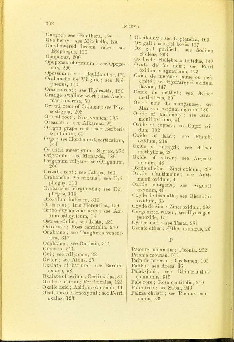 ••562 INDEX.. Onagre ; see tEnothera, 196 Oi.e berry ; see Mitchella, 186 One-flowered broom rape ; see Epiphegus, 110 Opoponax, 200 Opoponax chiroiiinra ; see Opopo- nax, 200 Opossum tree ; Liquidambar, 171 Orabanche de Virgine ; see Epi- phegus, 110 Orange root ; see Hydrastis, 150 Orange swallow wort ; see Ascle- pias tuberosa, 53 Ordeal bean of Calabar ; see Phy- sostigma, 208 Ordeal root ; Nux vomica, 195 Oreanette ; see Alkanua, 24 (Oregon grape root ; see Berberis aquifolium, 61 ■ Orge ; see Hordeumdecorticatum, 144 Oriental sweet gum ; Styrax, 274 Origanum ; see Monarda, 186 Origanum vulgare ; see Origanum, 200 Orizaba root ; see Jalapa, 160 Orabanche Americana ; see Epi- phegus, 110 Orabanche Virginiana ; see Epi- phegus, 110 Oroxylum indicum, 310 Orris root ; Iris Elorentina, 159 Ortho-oxybenzoic acid ; see Aci- dum salicylicum, 14 Ostrea edulis ; see Testa, 281 Otto rose ; Eosa centifolia, 240 Ouabaine ; see Tanghinia veneni- feia, 317 Ouabaine ; see Oiiabaio, 311 Ouabaio, 311 Ovi ; see Albumen, 22 Owler ; see Alnus, 25 Cxalate of barium ; see Barium oxalus, 58 Oxalate of cerium ; Cerii oxalas, 81 Oxalate of iron ; Ferri oxalas, 123 Oxalic acid ; Acidum oxalicum, 14 Oxalsaures eisenoxydul ; see Ferri oxalas, 123 | Oxadoddy ; see Leptandra, 169 Ox gall ; see Fel bo vis, 117 Ox gall purifitd ; see Sodium choleas, 263 Ox heel ; Helleborus foetidus, 142 Oxide de fer noir; see Ferri oxidum magneticum, 123 Oxide de meicure jaune ou pre- cipite ; see Hydrargyri oxidum flavum, 147 Oxide de methyl ; see ^ther I m.-thylicu8, 20 I Oxide noir de manganese ; see Mangani oxidum nigrum, 180 Oxide of antimony ; see Anti- monii oxidum, 41 Oxide of copper; see Cupri oxi- dum, 102 Oxide of lead; see Plumbi oxidum, 216 Oxitle of methyl ; see ^tlier methylicus, 20 Oxide of silver; see Argenti oxidum, 48 Oxide of zinc ; Zinci oxidum, 29S Oxyde d'antimoine ; gee Anti- monii oxidum, 41 Oxyde d'argent; see Argenti oxydum, 48 Oxyde de bismuth ; see Bismutlii oxidum, 63 Oxyde de zinc ; Zinci oxidum, 298 Oxygenized water ; see Hydrogen peroxide, 151 Oyster shell ; see Testa, 281 Ozonic ether ; ^ther ozonicus, 20 P P.EONIA officinalis ; Paeonia, 202 Pfflonia moutan, 311 Pain de porcea<i ; Cyclamen, 103 Pakku ; see Areca, 46 Palak-juhi ; see Ehinacanthus communis, 315 Pale rose ; Rosa centifolia, 240 Palm tree ; see Sabal, 243 Palma christi ; see Ricinus com- mimis, 239