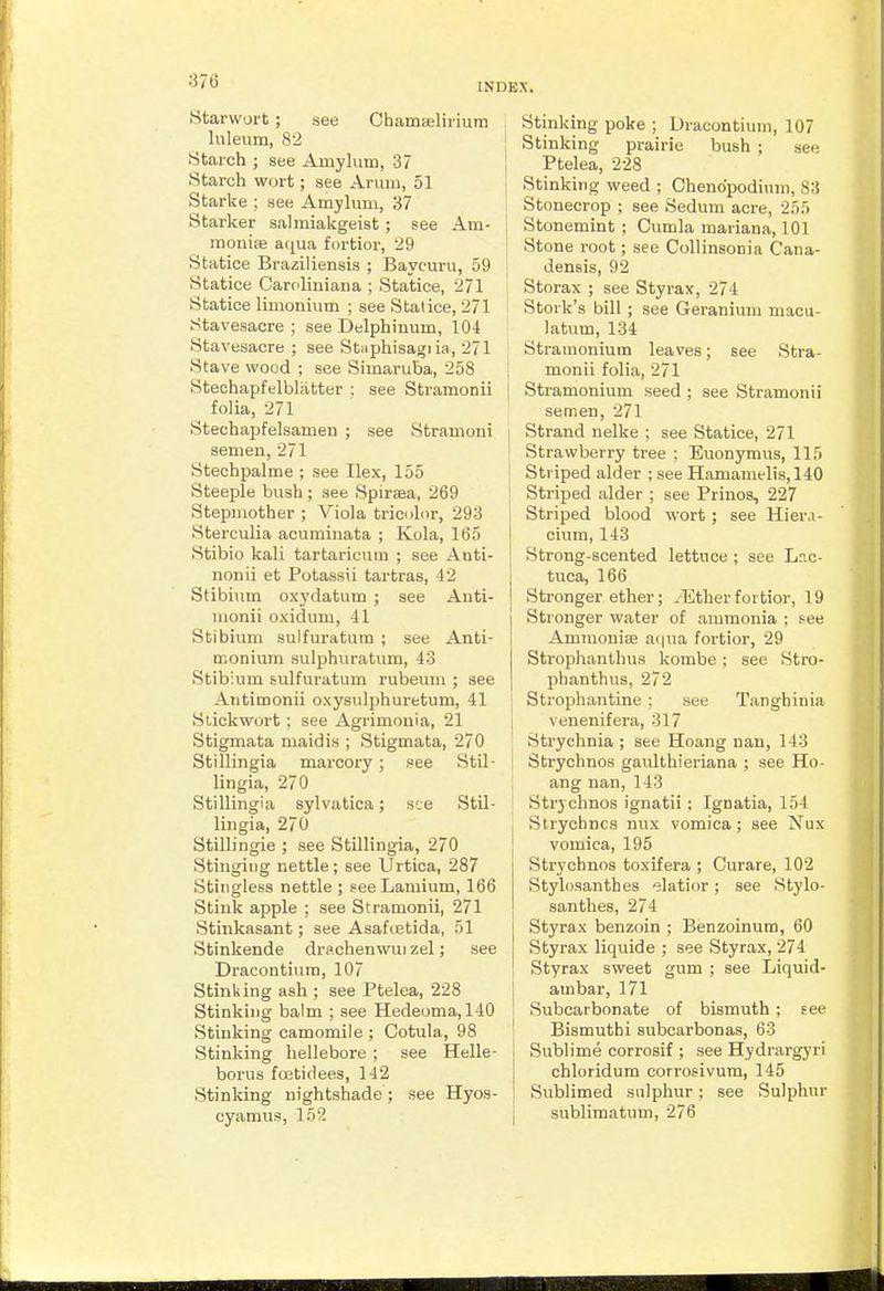 INDEX. •Starwort; see Chamseliriurn Inleiim, 82 Starch ; see Amylum, 37 Starch wort; see Arum, 51 Starke ; see Amylum, 37 Starker salmiakgeist; see Am- monise a(jua fortior, 29 Statice Braziliensis ; Baycuru, 59 Statice Cart'liniana ; Statice, 271 Statice limonium ; see Stalice, 271 Stavesacre ; see Delphinum, 104 Stavesacre ; see Staphisaj^i ia, 271 Stave wood ; see Simaruba, 258 Stechapfelblatter : see Stramonii folia, 271 Stechapfelsamen ; see Stramoni semen, 271 Stechpalrae ; see Ilex, 155 Steeple bush; see Spiraea, 269 Stepmother ; Viola triculor, 293 Sterculia acuminata ; Kola, 165 Stibio kali tartaricum ; see Anti- nonii et Potassii tartras, 42 Stibium oxydatum ; see Anti- nionii oxidum, 41 Stibium sulfuratura ; see Anti- monium sulphuratum, 43 Stibium bulfuratum rubeum ; see Aiitimonii oxysulphuretum, 41 Siickwort ; see Agrimouia, 21 Stigmata maidis ; Stigmata, 270 Stillingia marcory; see Stil- lingia, 270 Stillingia sylvatica; see StU- lingia, 270 Stillingie ; see Stillingia, 270 Stinging nettle; see Urtica, 287 Stingless nettle ; see Lamium, 166 Stink apple ; see Stramonii, 271 Stinkasant; see AsafiEtida, 51 Stinkende drachenwui zel; see Dracontium, 107 Stinking ash ; see Ptelea, 228 Stinking balm ; see Hedeoma, 140 Stinking camomile ; Cotula, 98 Stinking hellebore ; see Helle- borus foeticlees, 142 Stinldng nightshade ; see Hyos- cyamus, 152 I Stinking poke ; Dracontium, 107 Stinking prairie bush ; see Ptelea, 228 I Stinking weed ; Chendpodium, 83 Stonecrop ; see Sedum acre, 255 Stonemint ; Cumla mariana, 101 Stone root; see CoUinsonia Cana- 1 densis, 92 Storax ; see Styrax, 274 Stork's bill ; see Geranium macu- latum, 134 Stramonium leaves; see Stra- ! monii folia, 271 I Stramonium seed ; see Stramonii semen, 271 1 Strand nelke ; see Statice, 271 ' Strawberry tree ; Euonymus, 115 Striped alder ; see Hamamelis, 140 Striped alder ; see Prinos, 227 Striped blood wort; see Hier.i- cium, 143 Strong-scented lettuce; see Lac- tuca, 166 Stronger ether; .Ether fortior, 19 Stronger water of ammonia ; see Ammonias a(|ua fortior, 29 Strophanthus kombe ; see Stro- phanthus, 272 j Strophantine ; see Tanghinia I venenifera, 317 ' Strychnia ; see Hoang nan, 143 I Strychnos gaulthieriana ; see Ho- ang nan,143 ! Strychnos ignatii; Ignatia, 154 , Strychncs nux vomica; see Nux [ vomica, 195 Strychnos toxifera ; Curare, 102 Stylosantbes elatior; see Stylo- santhes, 274 Styrax benzoin ; Benzoinum, 60 Styrax liquide ; see Styrax, 274 Styrax sweet gum ; see Liquid- [ ambar, 171 Subcarbonate of bismuth; fee j Bismuthi subcarbonas, 63 1 Sublime corrosif ; see Hydrargyri chloridura corrosivura, 145 i Sublimed sulphur; see Sulphur subliraatum, 276