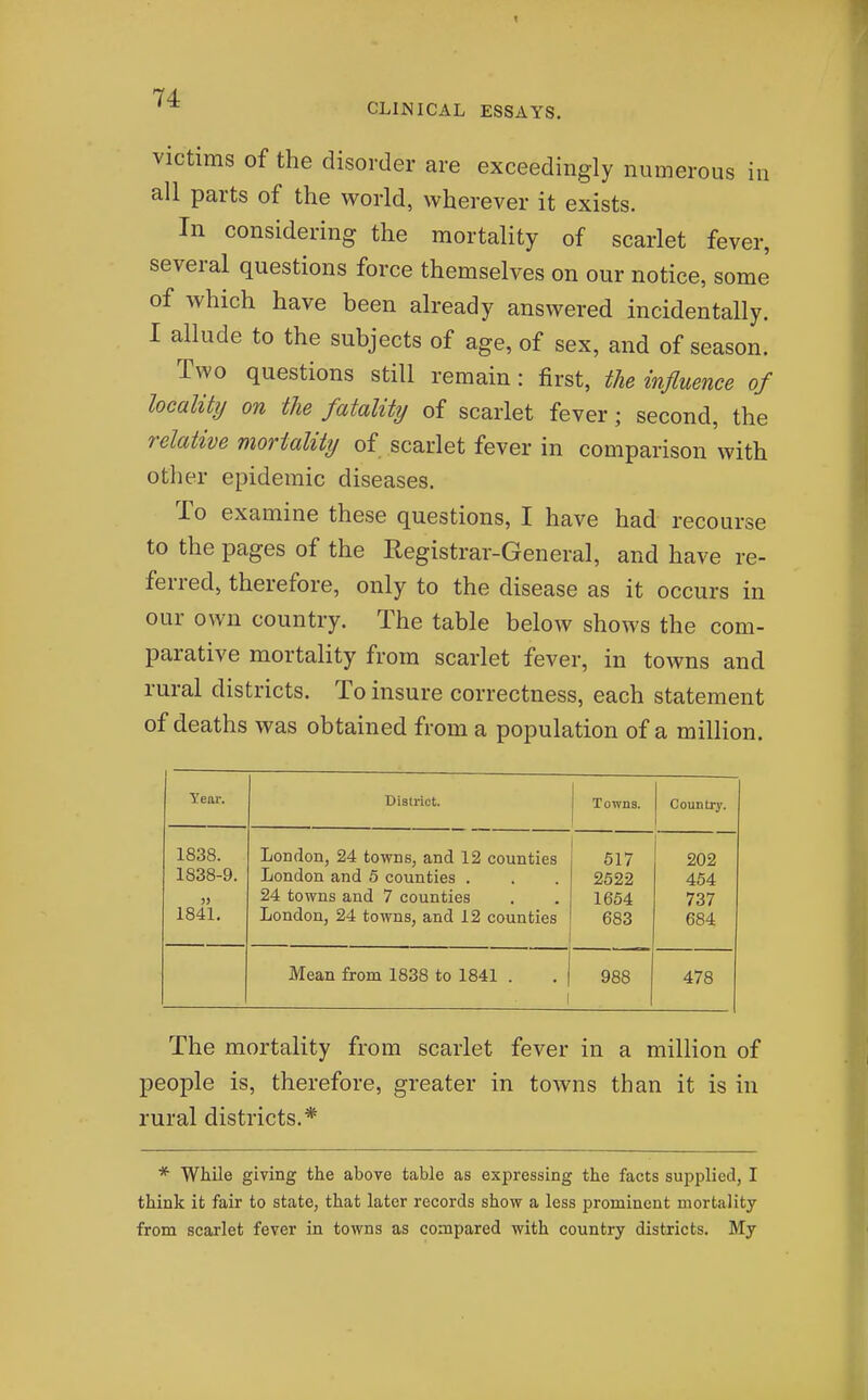 CLINICAL ESSAYS. victims of the disorder are exceedingly numerous in all parts of the world, wherever it exists. In considering the mortality of scarlet fever, several questions force themselves on our notice, some of which have been already answered incidentally. I allude to the subjects of age, of sex, and of season. Two questions still remain: first, the influence of locality on the fatality of scarlet fever; second, the relative mortality of scarlet fever in comparison with other epidemic diseases. To examine these questions, I have had recourse to the pages of the Registrar-General, and have re- ferred, therefore, only to the disease as it occurs in our own country. The table below shows the com- parative mortality from scarlet fever, in towns and rural districts. To insure correctness, each statement of deaths was obtained from a population of a million. Year. District. 1 1 Towns. Counti7. 1838. LoDdon, 24 towns, and 12 counties 517 202 1838-9. London and 6 counties . 2522 454 » 24 towns and 7 counties 1654 737 1841. London, 24 towns, and 12 counties 683 684 Mean from 1838 to 1841 . 1 988 478 The mortality from scarlet fever in a million of people is, therefore, greater in towns than it is in rural districts.* * While giving the above table as expressing the facts supplied, I think it fair to state, that later records show a less prominent mortality from scarlet fever in towns as compared with country districts. My