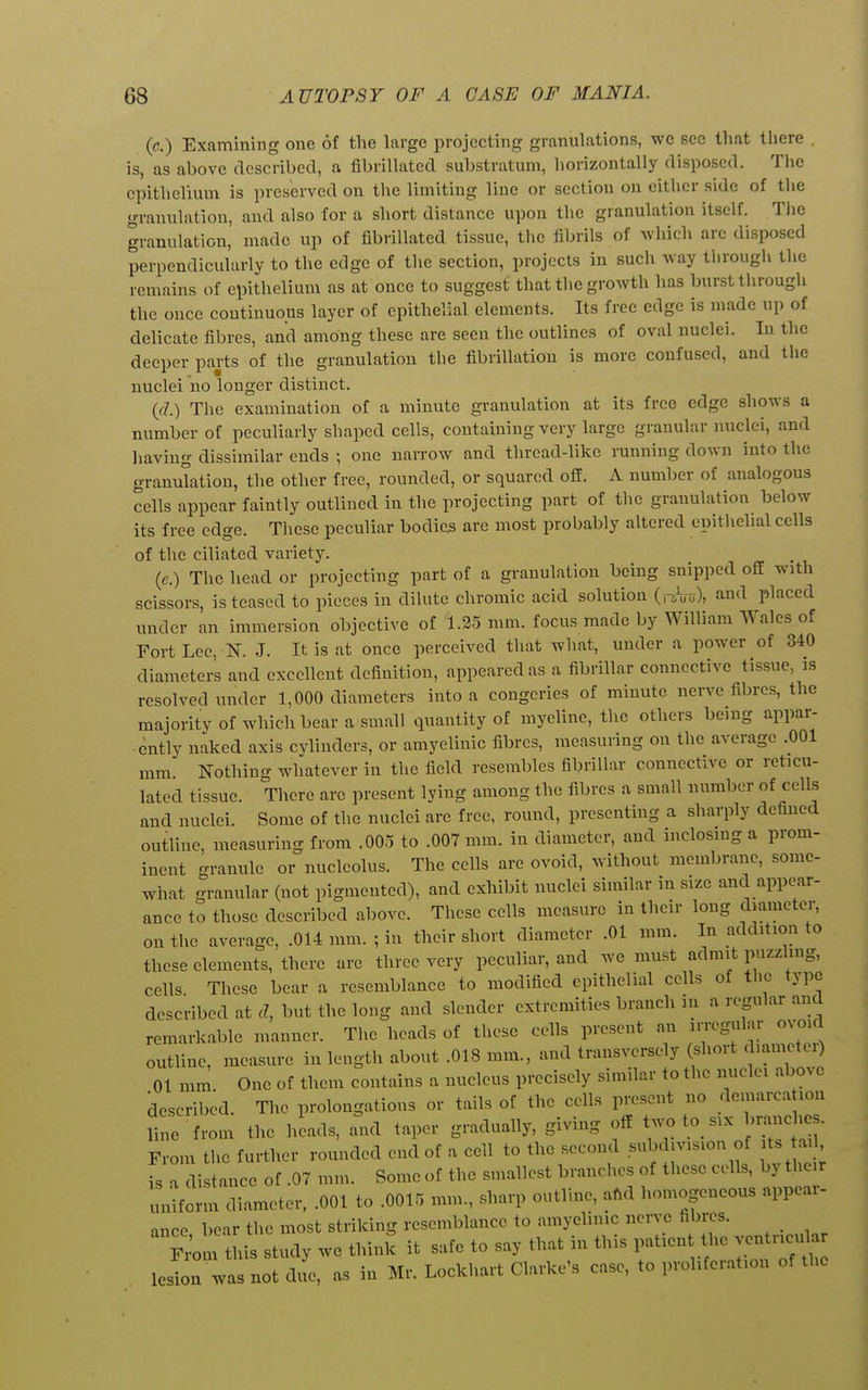 (c.) Examining one of the large projecting granulations, we see that there . is, as above describccl, a fibrillated substratum, liorizontally disposed. The epithelium is preserved on the limiting line or section on either side of the granulation, and also for a short distance upon the granulation itself. Tlie granulation, made up of fibi illated tissue, the fibrils of wliich are disposed perpendicularly to the edge of tlic section, projects in such way througli the remains of epithelium as at once to suggest that the growth lias burst tlirougli the once continuous layer of epithelial elements. Its free edge is made up of delicate fibres, and among these are seen the outlines of oval nuclei. In the deeper parts of the granulation the fibrillation is more confused, and the nuclei no longer distinct. {(1.) The examination of a minute granulation at its free edge shows a number of peculiarly shaped cells, containing very large granular nuclei, and liaving dissimilar ends ; one narrow and thread-like running down into the granulation, the other free, rounded, or squared off. A number of analogous cells appear faintly outlined in the projecting part of the granulation below its free edge. These peculiar bodies are most probably altered epithelial cells of the ciliated variety. (e.) The head or projecting part of a granulation being snipped off with scissors, is teased to pieces in dilute chromic acid solution {n\iis\ and placed under an immersion objective of 1.35 mm. focus made by William Wales of Fort Lee, N. J. It is at once perceived that what, under a power of 340 diameters and excellent definition, appeared as a fibrillar connective tissue, is resolved under 1,000 diameters into a congeries of minute nerve fibres, the majority of which bear a small quantity of myeline, tlie others being appar- ently naked axis cylinders, or amyelinic fibres, measuring on the average .001 mm Nothing whatever in the field resembles fibrillar connective or reticu- lated tissue. There arc present lying among the fibres a small number of cells and nuclei. Some of the nuclei are free, round, presenting a sharply defined outline, measuring from .005 to .007 mm. in diameter, and inclosing a prom- inent granule or nucleolus. The cells are ovoid, without membrane, some- what granular (not pigmented), and exhibit nuclei similar in size and appear- ance to those described above. These cells measure in their long diameter, on the average, .014 mm. ; in their short diameter .01 mm. In addition to these elements, there are three very peculiar, and we must admit puzzling, cells These bear a resemblance to modified epithelial cells of the type described at d, but the long and slender extremities branch in a regular and remarkable manner. The heads of these cells present an irregular ovo.d outline, measure in length about .018 mm., and transversely (short d.ametci) 01 mm One of them contains a nucleus precisely similar to the nuclei above described. The prolongations or tails of the cells present no demarca ion line from the heads, .^id taper gradually, giving off two to six branches. From the further rounded end of a cell to the second subdivision of it ai is a distance of .07 mm. Some of the smallest branches of these cells, by their uniform diameter, .001 to .0015 mm., sharp outline, afid homogeneous appear- ance bear the most striking resemblance to amyelinic nerve fibres. Fi'om this study we think it safe to say that in this patient the ventr.ula lesion was not due, as in Mr. Lockhart Clarke's case, to proliferation of the