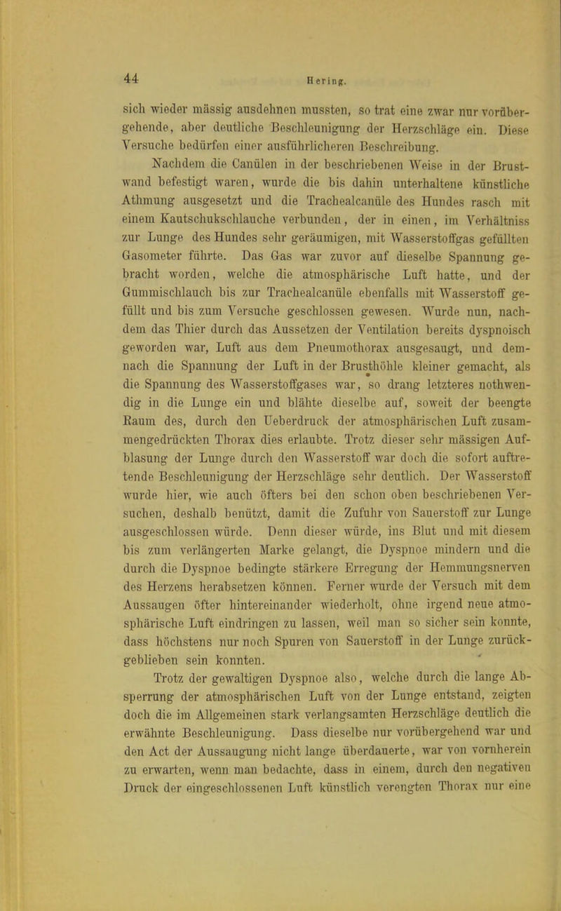 H erinif. sich wieder massig ausdehnen nvussten, so trat eine zwar nur vorüber- gehende, aber deutliche Beschleunigung der Herzschläge ein. Diese Versuche bedürfen einer ausführlicheren Beschreibung. Nachdem die Canülen in der beschriebenen Weise in der Brust- wand befestigt waren, wurde die bis dahin unterhaltene künstliche Athmung ausgesetzt und die Trachealcanüle des Hundes rasch mit einem Kautschukschlauche verbunden, der in einen, im Yerhältniss zur Lunge des Hundes sehr geräumigen, mit Wasserstoffgas gefüllten Gasometer führte. Das Gras war zuvor auf dieselbe Spannung ge- bracht worden, welche die atmosphärische Luft hatte, und der Gummischlauch bis zur Trachealcanüle ebenfalls mit Wasserstoff ge- füllt und bis zum Versuche geschlossen gewesen. Wurde nun, nach- dem das Thier durch das Aussetzen der Ventilation bereits dyspnoisch geworden war, Luft aus dem Pneumothorax ausgesaugt, und dem- nach die Spannung der Luft in der Brusthöhle kleiner gemacht, als die Spannung des Wasserstoffgases war, so drang letzteres nothwen- dig in die Lunge ein und blähte dieselbe auf, soweit der beengte Kaum des, durch den Ueberdruck der atmosphärischen Luft zusam- mengedrückten Thorax dies erlaubte. Trotz dieser sehr massigen Auf- blasung der Lunge durch den Wasserstoff war doch die sofort auftre- tende Beschleunigung der Herzschläge sehr deutlich. Der Wasserstoff wurde hier, wie auch öfters bei den schon oben beschriebenen Ver- suchen, deshalb benützt, damit die Zufuhr von Sauerstoff zur Lunge ausgeschlossen würde. Denn dieser würde, ins Blut und mit diesem bis zum verlängerten Marke gelangt, die Dyspnoe mindern und die durch die Dyspnoe bedingte stärkere Erregung der Hemmungsnerven des Herzens herabsetzen können. Ferner wurde der Versuch mit dem Aussaugen öfter hintereinander wiederholt, ohne irgend neue atmo- sphärische Luft eindringen zu lassen, weil man so sicher sein konnte, dass höchstens nur noch Spuren von Sauerstoff in der Lunge zurück- geblieben sein konnten. Trotz der gewaltigen Dyspnoe also, welche durch die lange Ab- sperrung der atmosphärischen Luft von der Lunge entstand, zeigten doch die im Allgemeinen stark verlangsamten Herzschläge deutlich die erwähnte Beschleunigung. Dass dieselbe nur vorübergehend war und den Act der Aussaugung nicht lange überdauerte, war von vornherein zu erwarten, wenn man bedachte, dass in einem, durch den negativen Druck der eingeschlossenen Luft künstlich vorengten Thorax nur eine