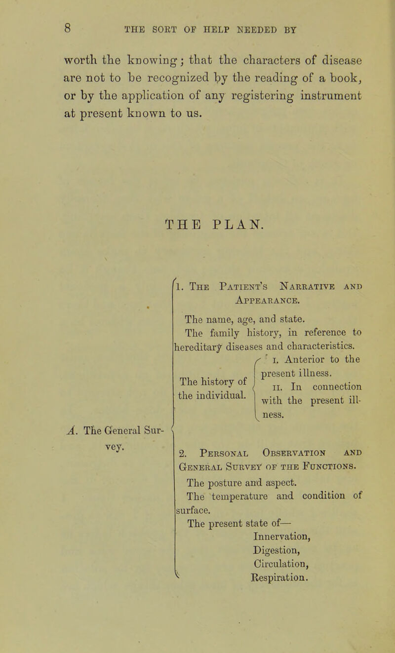 worth the knowing; that the characters of disease are not to be recognized by the reading of a book^ or by the application of any registering instrument at present known to us. THE PLAN. The General Sur- vey. 1. The Patient's Narrative and Appearance. The name, age, and state. The family history, in reference to hereditary diseases and characteristics. /' I. Anterior to the present illness. ( II. In connection with the present ill- ness. The history of the individual. 2. Personal Observation and General Survey of the Functions. The posture and aspect. The temperature and condition of surface. The present state of— Innervation, Digestion, Circulation, Respiration.