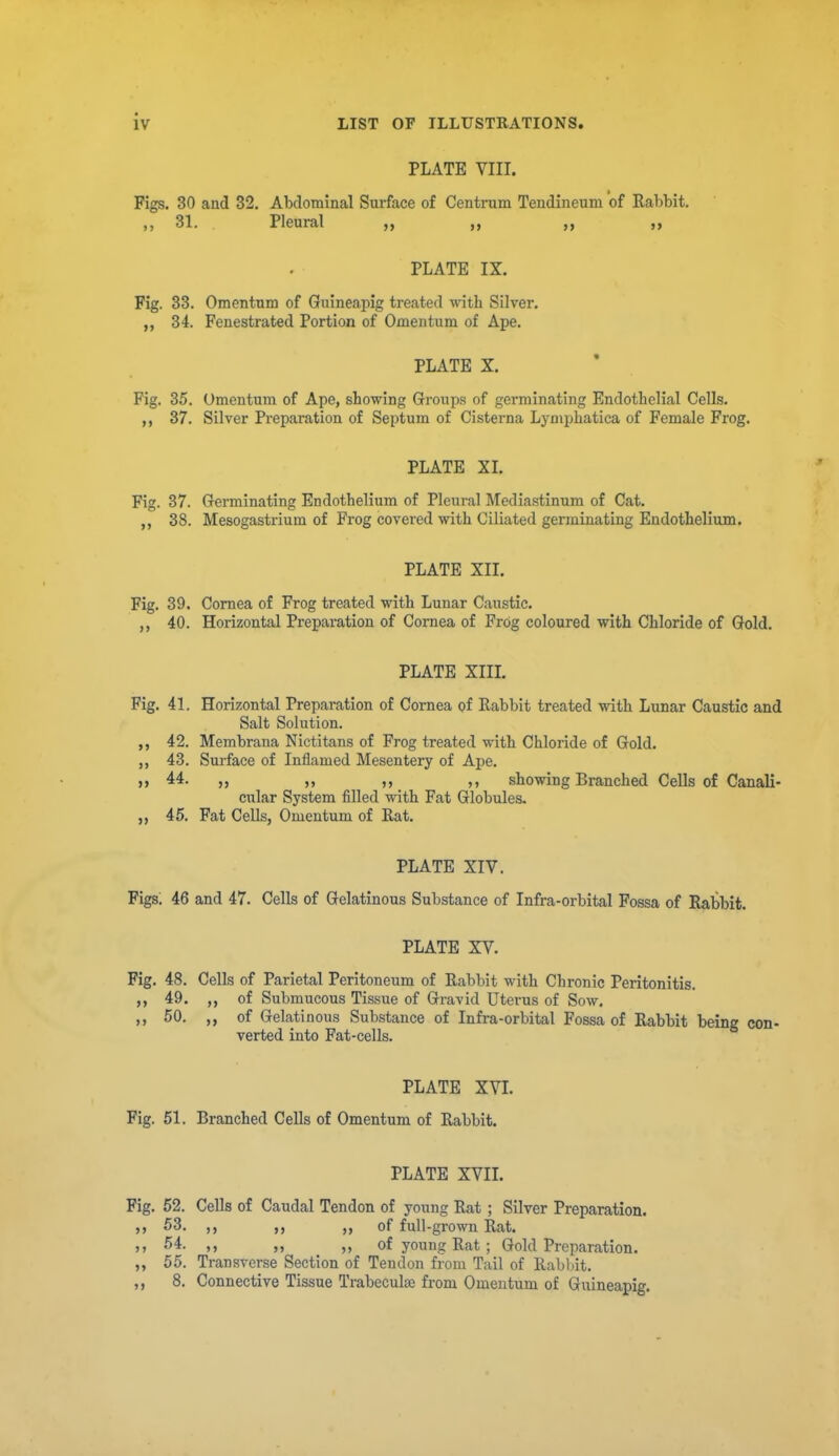 PLATE VIII. Figs. 30 and 32. Abdominal Surface of Centram Tendineum of Rabbit. „ 31. Pleural „ „ „ „ PLATE IX. Fig. 33. Omentum of Guineapig treated -nnth Silver. „ 34. Fenestrated Portion of Omentum of Ape. PLATE X. Fig. 35. Omentum of Ape, showing Groups of germinating Endothelial Cells, 37. Silver Preparation of Septum of Cistei'na Lyniphatica of Female Frog. PLATE XL Fig. 37. Germinating Endothelium of Pleural Mediastinum of Cat. 38. Mesogastrium of Frog covered with Ciliated germinating Endothelium. PLATE XII. Fig. 39. Cornea of Frog treated with Lunar Caustic. 40. Horizontal Preparation of Cornea of Frcig coloured with Chloride of Gold. PLATE XIII. Fig. 41. Horizontal Preparation of Cornea of Rabbit treated with Lunar Caustic and Salt Solution. ,, 42. Membrana Nictitans of Frog treated with Chloride of Gold. 43. Surface of Inflamed Mesentery of Ape. }> 44. ,, ,, ,, showing Branched Cells of Canali- cular System filled with Fat Globules. „ 45. Fat Cells, Omentum of Rat. PLATE XIV. Figs; 46 and 47. Cells of Gelatinous Substance of Infra-orbital Fossa of Rabbit. PLATE XV. Fig. 48. Cells of Parietal Peritoneum of Rabbit with Chronic Peritonitis. ,, 49. of Submucous Tissue of Gravid Uterus of Sow. 50. of Gelatinous Substance of Infra-orbital Fossa of Rabbit being con- verted into Fat-cells. PLATE XVI. Fig. 51. Branched Cells of Omentum of Rabbit. PLATE XVII. Fig. 52. Cells of Caudal Tendon of young Rat ; Silver Preparation. 53. ,, ,, ,, of full-grown Rat. M 54. ,, ,, of young Rat ; Gold Preparation. ,, 55. Transverse Section of Tendon from Tail of Rabhit. ,, 8. Connective Tissue Trabeculse from Omentum of Guineapig.
