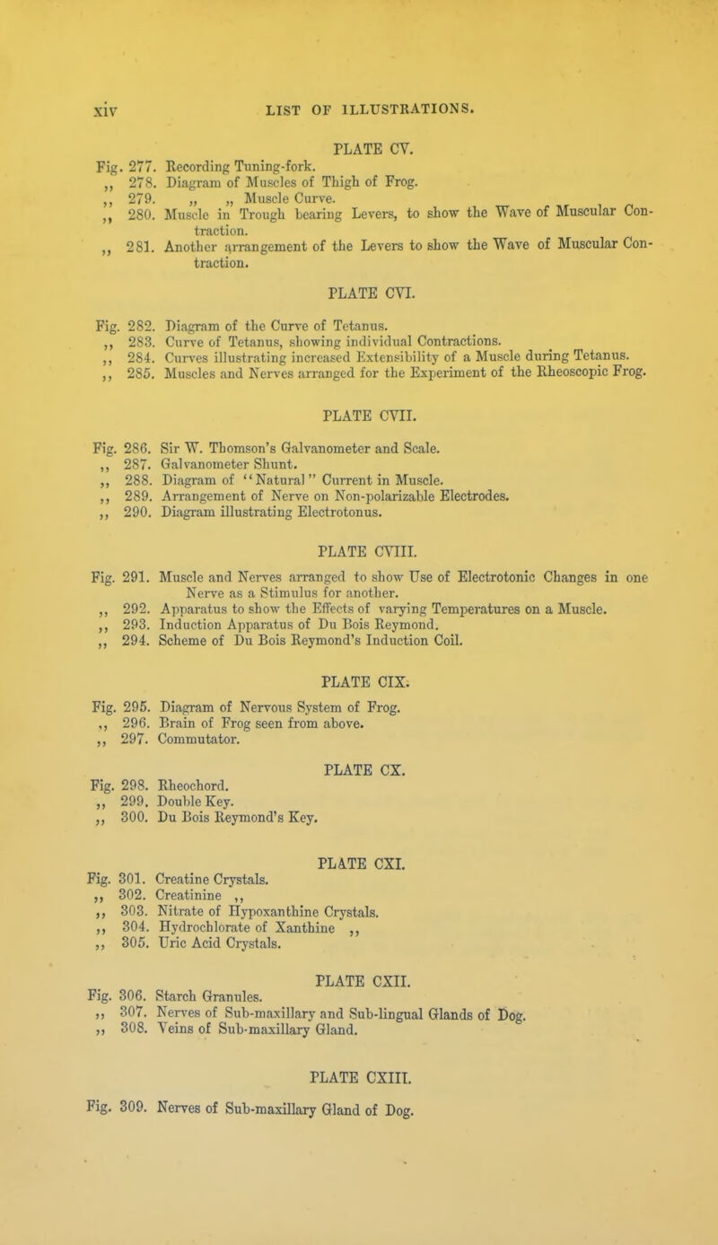 PLATE CV. Fig. 277. Recording Tuning-fork. 278. Diagram of Muscles of Thigh of Frog. 279. „ „ Muscle Curve. 280. Muscle in Trough bearing Levers, to show the Wave of Muscular Con- traction. ,, 281. Another {vrrangement of the Levers to show the Wave of Muscular Con- traction. PLATE CVI. Fig. 282. Diagram of the Curve of Tetanus. 283. Curve of Tetanus, showing individual Contractions. ,, 284. Curves illustrating increased Extensibility of a Muscle during Tetanus. ,, 285. Muscles and Nerves arranged for the Experiment of the Rheoscopic Frog. PLATE CVIL Fig. 286. Sir W. Thomson's Galvanometer and Scale. ,, 287. Galvanometer Shunt. ,, 288. Diagram of  Natural  Current in Muscle. ,, 289. Arrangement of Nerve on Non-polarizable Electrodes. ,, 290. DLigram illustrating Electrotonus. PLATE CYIIL Fig. 291. Muscle and Nerves arranged to show Use of Electrotonic Changes in one Nerve as a Stimulus for another. 292. Apparatus to show the Effects of vaiying Temperatures on a Muscle. 293. Induction Apparatus of Du Bois Reymond. 294. Scheme of Du Bois Reymond's Induction Coil. PLATE CIX. Fig. 295. Diagram of Nervous System of Frog. ,, 296. Brain of Frog seen from above. 297. Commutator. PLATE ex. Fig. 298. Rheochord. „ 299. Double Key. 300. Du Bois Reymond's Key. PLATE CXL Fig. 301. Creatine Crystals. 302. Creatinine ,, ,, 303. Nitrate of Hypoxanthine Crystals. 304. Hydrochlorate of Xanthine ,, 305. Uric Acid Crystals. PLATE CXII, Fig. 306. Starch Granules. 307. Nerves of Sub-maxillary and Sub-lingual Glands of Dog. „ 308. Veins of Sub-maxillary Gland. PLATE CXIII. Fig. 309. Nerves of Sub-maxillaxy Gland of Dog.