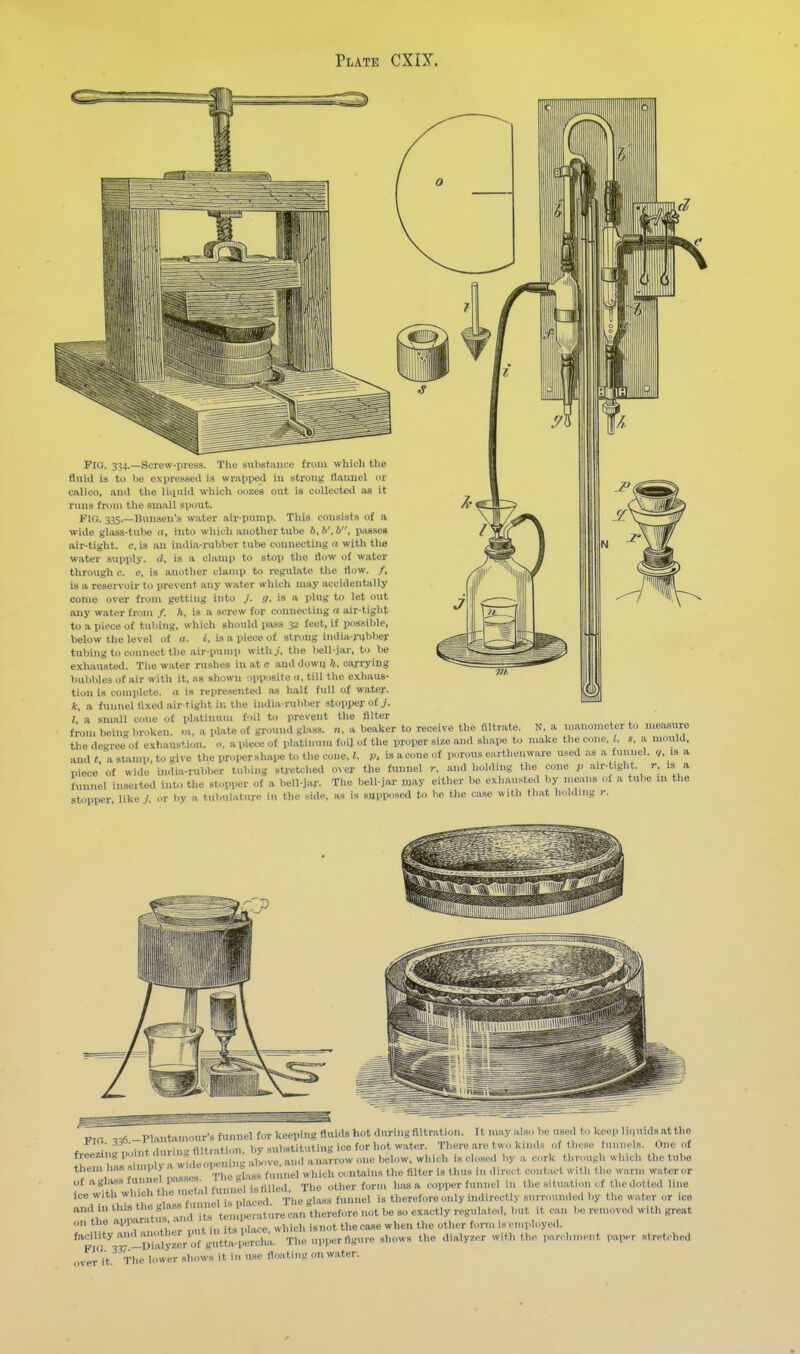 Fig. 334.—Screw-press. The substauce from which the fluid is to be expressed is wrapped iu strong flaunel or calico, and the liquid wliich oozes out is collected as it runs from the small spout. FIG. 335.—Bunseu's water air-pump. This consists of a ■wide glass-tube a, into which another tube b.b'.b, passes air-tight. 0, is an india-rubber tube connecting a with the water supply, d, is a clamp to stop the flow of water through c. e, is anotlier clamp to regulate the flow. /, is a reservoir to prevent any water which may accidentjilly come over from getting into J. a. is a plug to let out any water from /. h, is a screw for connecting a air-tight to a piece of tut>ing, which should luiss 32 feet, if possible, below the level of a. I, is a piece of strong india-njbber tubing to connect the air-pump with./, the bell-jar, to be exhausted. Tlie water rushes in at c and dowij ft, carrying bubl)les of air with it, as shown ■ipi)osite n, till the e.vhaus- tion is complete, a is represented as half full of water. A, a funnel tlxed air-tight iu the india-rublier stopper of.;. I a small cone of platinum foil to prevent the filter from being broken, m, a plate of ground glass, n. a beaker to receive the filtr.ate. N, a m.anometerto measure the degree of exliaustion. 0, a piece of platinum foil of the proper size and shape to n.ake the cone, (. s, a mould, and ( a stamp, to give the proper shape to the cone, I. p. is a cone of porous earthenware used as a funnel. is a piece of wide india-nibber tubing stretched o^-e^ the funnel r. and holding the cone 2^ air-tight. r. is a funnel inserted into the stopper of a bell-jar. The bell-jar may either be e.xh.austed by n.eans of a tube in the stopper like / or bv a tubulaturo in the side, as is supposed to be tlie case wjtli that linlding r. Fir,. 336 It may also be used to keep li(|uidsattho - ■' i„t,1„rin-filtration 'bystibstitu'tingicetorhotw.atcr. There are two kinds of those funnels. One of reez.ngpon t d m» filt'^^^^^^^^ is closed by a cork through which the tube them has suMpl ;™„ °,s„ funnel which contains the filter is thus in direct contact with the warn, water ,.r of aghvssfunuel p.isse.s^^^^^^^^^ ^^^^ other form h.us a copper funnel in the situation of the dotted line ice with winch the  , j, therefore only in<lirectly surrounded by the water or ice and in this ^^'^^^^^ '^^^^^^^^^^ therefore not be so exactly regulated, but it can be remove.l with great „n the '^W^^^''';;; , ,; .e whid. isnot thecase when the other fonn isomployed. facility an.Uuwaheymtj^ ^^^^^ ,„,„er figure shows the dialyzer with the parchment paper stretched ov^r it.^^The lower shows it in use Moating on water.