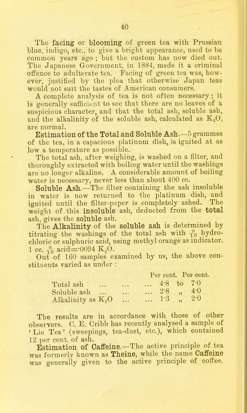 The facing or blooming of green tea with Prussian blue, indigo, etc., to give a bright appearance, used to be common years ago ; but the custom has now died out. The Japanese Government, in 1884, made it a criminal offence to adulterate tea. Facing of green tea was, how- ever, justified by the plea that otherwise Japan teas would not suit the tastes of American consumers. A complete analysis of tea is not often necessary ; it is generally sufficient to see that there are no leaves of a suspicious character, and that the total ash, soluble ash, and the alkalinity of the soluble ash, calculated as K20, are normal. Estimation of the Total and Soluble Ash.—5 grammes of the tea, in a capacious platinum dish, is ignited at as low a temperature as possible. The total ash, after weighing, is washed on a filter, and thoroughly extracted with boiliDg water until the washings are no longer alkaline. A considerable amount of boiling water is necessary, never less than about 400 cc. Soluble Ash.—The filter containing the ash insoluble in water is now returned to the platinum dish, and ignited until the filter-paper is completely ashed. The weight of this insoluble ash, deducted from the total ash, gives the soluble ash. The Alkalinity of the soluble ash is determined by titrating the washings of the total ash with j$ hydro- chloric or sulphuric acid, using methyl orange as indicator. 1 cc. xNff acid=-0094 K20. Out of 160 samples examined by us, the above con- stituents varied as under : Per cent. Per cent. Total ash 4*8 to 70 Soluble ash 2-8 „ 4*0 Alkalinity as K20 P3 „ 20 The results are in accordance with those of other observers. C. E. Cribb has recently analysed a sample of 'Lie Tea' (sweepings, tea-dust, etc.), which contained 12 per cent, of ash. Estimation of Caffeine— The active principle of tea was formerly known as Theine, while the name Caffeine was generally given to the active principle of coffee.