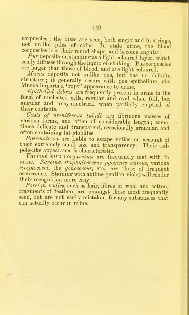 corpuscles ; the discs are seen, both singly and in strings, not unlike piles of coins. In stale urine, the blood corpuscles lose their round shape, and become angular. Pus deposits on standing as a light-coloured layer, which easily diffuses through the liquid ou shaking. Pus corpuscles are larger than those of blood, and are light coloured. Mucus deposits not unlike pus, but has no definite structure; it generally occurs with pus epithelium, etc. Mucus imparts a ' ropy' appearance to urine. Epithelial debris are frequently present in urine in the form of nucleated cells, regular and oval when full, but angular and unsymmetrical when partially emptied of their contents. Casts of uriniferous tubuli are fibrinous masses of various forms, and often of considerable length; some- times delicate and transparent, occasionally granular, and often containing fat globules, Spermatozoa are liable to escape notice, on account of their extremely small size and transparency. Their tad- pole-like appearance is characteristic. Various micro-organisms are frequently met with in urine. Sarcina, staphylococcus pyogenes aureus, various streptococci, the gonococcus, etc., are those of frequent occurrence. Staining with aniline-gentian-violet will render their recognition more easy. Foreign bodies, such as hair, fibres of wool and cotton, fragments of feathers, are amongst those most frequently seen, but are not easily mistaken for any substances that can actually occur in urine.