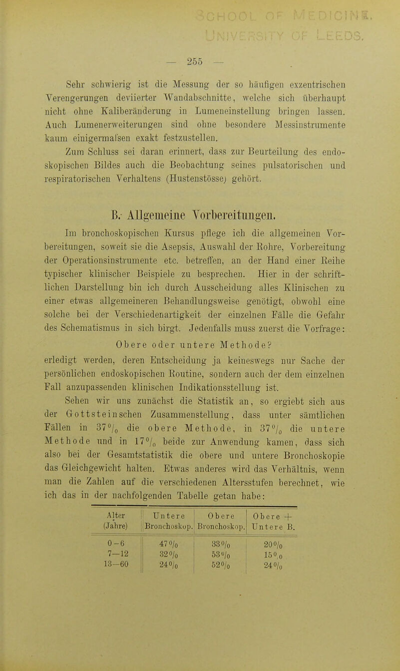 Sehr schwierig ist die Messung der so häufigen exzentrischen Verengerungen deviierter Wandabschnitte, welche sich überhaupt nicht ohne Kaliberänderung in Lumeneinstellung bringen lassen. Auch Lumenerweiterungen sind ohne besondere Messinstrumente kaum einigermalsen exakt festzAistelleu. Zum Schluss sei daran erinnert, dass zur Beurteilung des endo- skopischen Bildes auch die Beobachtung seines pulsatorischen und respiratorischen Verhaltens (Hustenstössej gehört. B.- Allgeineine Vorbereitnngen. Im bronchoskopischen Kursus pflege ich die allgemeinen Vor- bereitungen, soweit sie die Asepsis, Auswahl der Eohre, Vorbereitung der Operationsinstrumente etc. betreffen, an der Hand einer Reihe typischer klinischer Beispiele zu besprechen. Hier in der schrift- lichen Darstellung bin ich durch Ausscheidung alles Klinischen zu einer etwas allgemeineren Behandlungsweise genötigt, obAvohl eine solche bei der Verschiedenartigkeit der einzelnen Fälle die Gefahr des Schematismus in sich birgt. Jedenfalls muss zuerst die Vorfrage: Obere oder untere Methode? erledigt werden, deren Entscheidung ja keineswegs nur Sache der persönlichen endoskopischen Eoutine, sondern auch der dem einzelnen Fall anzupassenden klinischen Lidikationsstellung ist. Sehen wir uns zunächst die Statistik an, so ergiebt sich aus der Gott st ein sehen Zusammenstellung, dass unter sämtlichen Fällen in 37o/o die obere Methode, in 377^ die untere Methode und in IT^/o heide zur Anwendung kamen, dass sich also bei der Gesamtstatistik die obere und untere Bronchoskopie das Gleichgewicht halten. Etwas anderes wird das Verhältnis, wenn man die Zahlen auf die verschiedenen Altersstufen berechnet, wie ich das in der nachfolgenden Tabelle getan habe: Alter (Jahre) Untere jBronchoskup. Obere Bronchoskop. Obere + Untere B. 0-6 470/0 330/0 200/0 7—12 320/0 53^/0 150,0 13-60 240/0 520/0 240/0