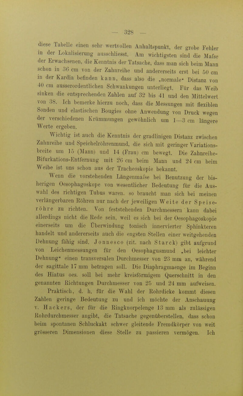 diese Tabelle einen sehr wertvollen Anhaltspunkt, der grobe Fehler in der Lokalisierung ausschliesst. Am wichtigsten sind die Mafse der Erwachsenen, die Kenntnis der Tatsache, dass man sich beim Mann schon in 36 cm von der Zahnreihe und andererseits erst bei 60 cm in der Kardia befinden kann, dass also die „normale Distanz von 40 cm ausserordentlichen Schwankungen unterliegt. Für das Weib sinken die entsprechenden Zahlen auf 32 bis 41 und den Mittelwert von 38. Ich bemerke hierzu noch, dass die Messungen mit flexiblen Sonden und elastischen Bougies ohne Anwendung von Druck wegen der verschiedenen Krümmungen gewöhnlich um 1—3 cm längere Werte ergeben. Wichtig ist auch die Kenntnis der gradlinigen Distanz zwischen Zahnreihe und Speichelröhrenmund, die sich mit geringer Variations- breite um 15 (Mann) und 14 (Frau) cm bewegt. Die Zahnreihe- Bifurkations-Entfernung mit 26 cm beim Mann und 24 cm beim Weibe ist uns schon aus der Tracheoskopie bekannt. Wenn die vorstehenden Längenmafse bei Benutzung der bis- herigen Oesophagoskope von wesentlicher Bedeutung für die Aus- wahl des richtigen Tubus waren, so braucht man sich bei meinen verlängerbaren Köhren nur nach der jeweiligen Weite der Speise- röhre zu richten. Von feststehenden Durchmessern kann dabei allerdings nicht die Rede sein, weil es sich bei der Oesophagoskopie einerseits um die Überwindung tonisch innervierter Sphinkteren handelt und andererseits auch die engsten Stellen einer weitgehenden Dehnung fähig sind. Jonnesco (zit. nach Starck) gibt aufgrund von Leichenmessungen für den Oesophagusmund „bei leichter Dehnung einen transversalen Durchmesser von 23 mm an, während der sagittale 17 mm betragen soll. Die Diaphragmaenge im Beginn des Hiatus oes. soll bei mehr kreisförmigem Querschnitt in den genannten Eichtungen Durchmesser von 25 und 24 mm aufweisen. Praktisch, d. h. für die Wahl der Rohrdicke kommt diesen Zahlen geringe Bedeutung zu und ich möchte der Anschauung V. Hackers, der für die Ringknorpelenge 13 mm als zulässigen Rohrdurcbmesser angibt, die Tatsache gegenüberstellen, dass schon beim spontanen Schluckakt schwer gleitende Fremdkörper von weit grösseren Dimensionen diese Stelle zu passieren vermögen. Ich