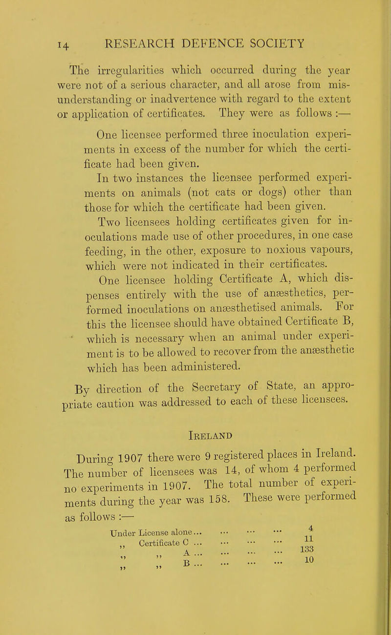 The irregularities wliicli occurred during the year were not of a serious character, and all arose from mis- understanding or inadvertence with regard to the extent or application of certificates. They were as follows :— One licensee performed three inoculation experi- ments in excess of the number for which the certi- ficate had been given. In two instances the licensee performed experi- ments on animals (not cats or dogs) other than those for which the certificate had been given. Two licensees holding certificates given for in- oculations made use of other procedures, in one case feeding, in the other, exposure to noxious vapours, which were not indicated in their certificates. One licensee holding Certificate A, which dis- penses entirely with the use of anesthetics, per- formed inoculations on anaesthetised animals. For this the licensee should have obtained Certificate B, ■ which is necessary when an animal under experi- ment is to be allowed to recover from the anaesthetic which has been administered. By direction of the Secretary of State, an appro- priate caution was addressed to each of these licensees. Ireland During 1907 there were 9 registered places in Ireland. The number of licensees was 14, of whom 4 performed no experiments in 1907. The total number of experi- ments during the year was 158. These were performed as follows :— Under License alone * ,, Certificate 0 ... A ^^^
