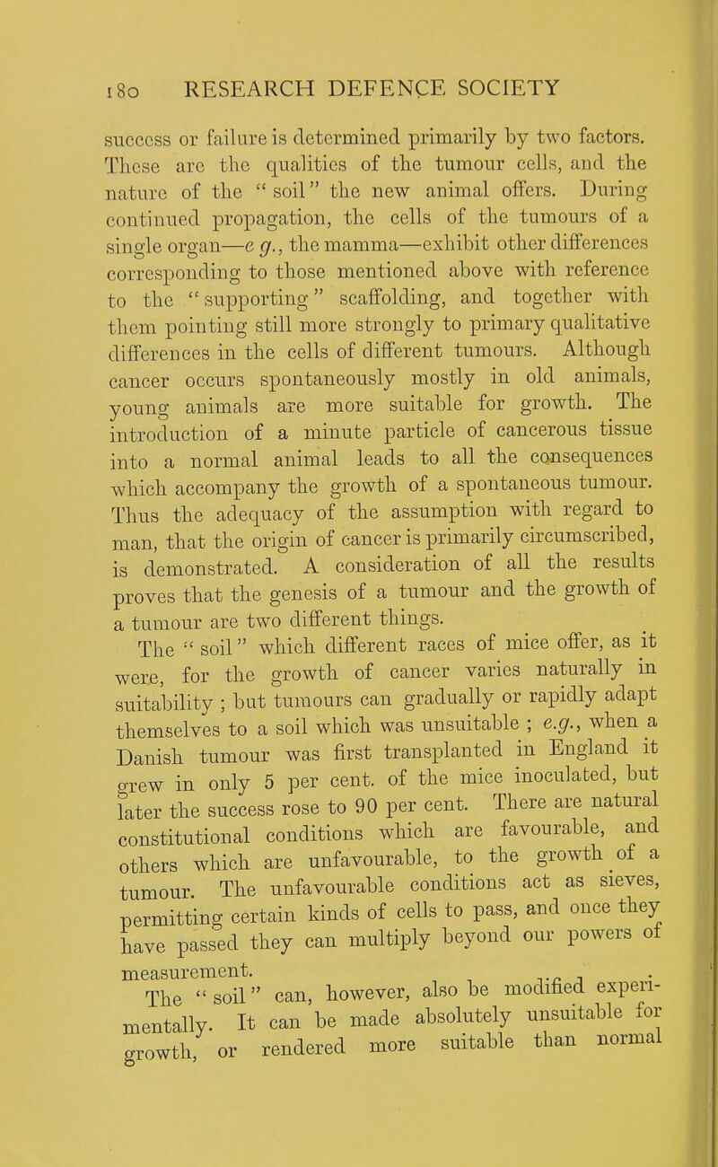 success or failure is determined primarily by two factors. These are the qualities of the tumour cells, and the nature of the soil the new animal offers. During continued propagation, the cells of the tumours of a single organ—e g., the mamma—exhibit other differences corresponding to those mentioned above with reference to the supporting scaffolding, and together with them pointing still more strongly to primary qualitative differences in the cells of different tumours. Although cancer occurs spontaneously mostly in old animals, young animals are more suitable for growth. The introduction of a minute particle of cancerous tissue into a normal animal leads to all the consequences which accompany the growth of a spontaneous tumour. Thus the adequacy of the assumption with regard to man, that the origin of cancer is primarily circumscribed, is demonstrated. A consideration of all the results proves that the genesis of a tumour and the growth of a tumour are two different things. The soil which different races of mice offer, as it were, for the growth of cancer varies naturally in suitability ; but tumours can gradually or rapidly adapt themselves to a soil which was unsuitable ; e.g., when a Danish tumour was first transplanted in England it grew in only 5 per cent, of the mice inoculated, but later the success rose to 90 per cent. There are natural constitutional conditions which are favourable, and others which are unfavourable, to the growth of a tumour The unfavourable conditions act as sieves, permitting certain kinds of cells to pass, and once they have passed they can multiply beyond our powers of measurement. The soil can, however, also be modihed experi- mentally. It can be made absolutely unsuitable for growth or rendered more suitable than normal