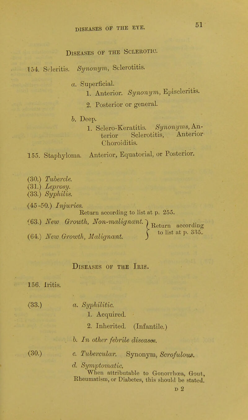 Diseases of the Sclerotic. 154. Srleritis. Synonym, Sclerotitis. a. Superficial. 1. Anterior. Synonym, Episcleritis. 2. Posterior or general. h. Deep. 1. Sclero-Keratitis. Synonyms, Kn- terior Sclerotitis, Anterior Choroiditis. 155. Staphyloma. Anterior, Equatorial, or Posterior. (30.) Tubercle. (31.) Leprosy. (33.) Syphilis. (45-50.) Injuries. Return according to list at p. 255. (63.) New Growth, Non-maligaant.') ^ ^ ,. ' f Return accordinp; (64.) JVeiv Growth, Malignant. j to list at J). 335. Diseases of the Iris. 156. Iritis. (33.) a. Syphilitic. 1. Acquired. 2. Inherited. (Infantile.) h. In other febrile diseases. (30.) c. Tubercular. Synonym, Scrofulous. d. Symptomatic. When attributable to Gonorrlicea, Gout, Rheumatism, or Diabetes, this should be stated. D 2