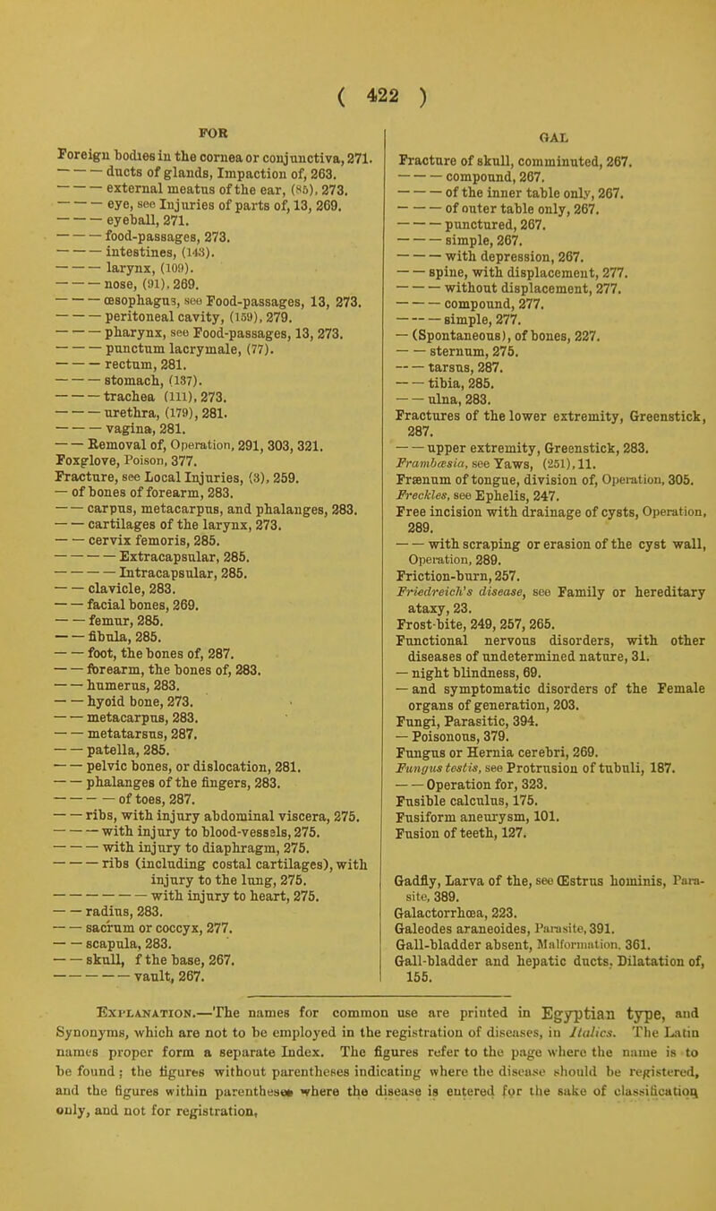 FOR Foreign 'bodies in tlie cornea or conjunctiva, 271. ducts of glands, Impaction of, 263. external meatus of the ear, (85), 273. eye, seo Injuries of parts of, 13, 269. eyeljall, 271. food-passages, 273. intestines, {US). larynx, (109). nose, (01), 269. oesophagus, seo Food-passages, 13, 273. peritoneal cavity, (159), 279. pharynx, seo Food-passages, 13, 273. punctum lacrymale, (77). rectum, 281. stomach, (137). trachea (in), 273. urethra, (179), 281. vagina, 281. Eemoval of. Operation, 291, 303, 321. Foxglove, Poison, 377. Fracture, see Local Injuries, (3), 259. — of hones of forearm, 283. carpus, metacarpus, and phalanges, 283. cartilages of the larynx, 273. cervix femoris, 285. Extracapsular, 286. Intracapsular, 285. clavicle, 283. facial hones, 269. femur, 285, fihula, 285. foot, the bones of, 287. fbrearm, the hones of, 283. humerus, 283. hyoid bone, 273. metacarpus, 283. metatarsus, 287. patella, 285. • pelvic hones, or dislocation, 281. phalanges of the fingers, 283. of toes, 287. ribs, with injury abdominal viscera, 275. with injury to blood-vesssls, 275. with injury to diaphragm, 275. ribs (including costal cartilages), with injury to the lung, 276. with injury to heart, 275. radius, 283. sacrum or coccyx, 277. scapula, 283. skull, f the base, 267. vault, 267. Fracture of skull, comminuted, 267. compound, 267. of the inner table only, 267. of outer table only, 267. punctured, 267. simple, 267. with depression, 267. spine, with displacement, 277. without displacement, 277. compound, 277. simple, 277. — (Spontaneous), of bones, 227. sternum, 276. tarsus, 287. tibia, 285. ulna, 283. Fractures of the lower extremity, Greenstick, 287. upper extremity, (Jreenstick, 283. Frambasia, see Yaws, (251), 11. Frsenum of tongue, division of, Operation, 305. Freckles, see Ephelis, 247. Free incision with drainage of cysts, Operation, 289. with scraping or erasion of the cyst wall, Operation, 289. Friction-burn, 257. Friedreich's disease, see Family or hereditary ataxy, 23. Frost-bite, 249, 257, 265. Functional nervous disorders, with other diseases of undetermined nature, 31. — night blindness, 69. — and symptomatic disorders of the Female organs of generation, 203. Fungi, Parasitic, 394. — Poisonous, 379. Fungus or Hernia cerebri, 269. Fungus testis, see Protrusion of tubuli, 187. Operation for, 323. Fusible calculus, 176. Fusiform aneurysm, 101. Fusion of teeth, 127. Gadfly, larva of the, see (Estrus hominis, Tara- site, 389. Galactorrhoea, 223. Galeodes araneoides, I'lu-asite, 391. Gall-bladder absent, Mnlformation. 361. Gall-bladder and hepatic ducts. Dilatation of, 166. ExrtAjjATiON.—The names for common use are printed in Egyptian type, and Synonyms, which are not to be employed in the registration of diseases, iu Italics. The Latin names proper form a separate Index. The figures refer to the page where the name is to be found : the figures without parentheses indicating where the disease should be registered, and the figures within parenthese* where the disease is entered for the salve of classification