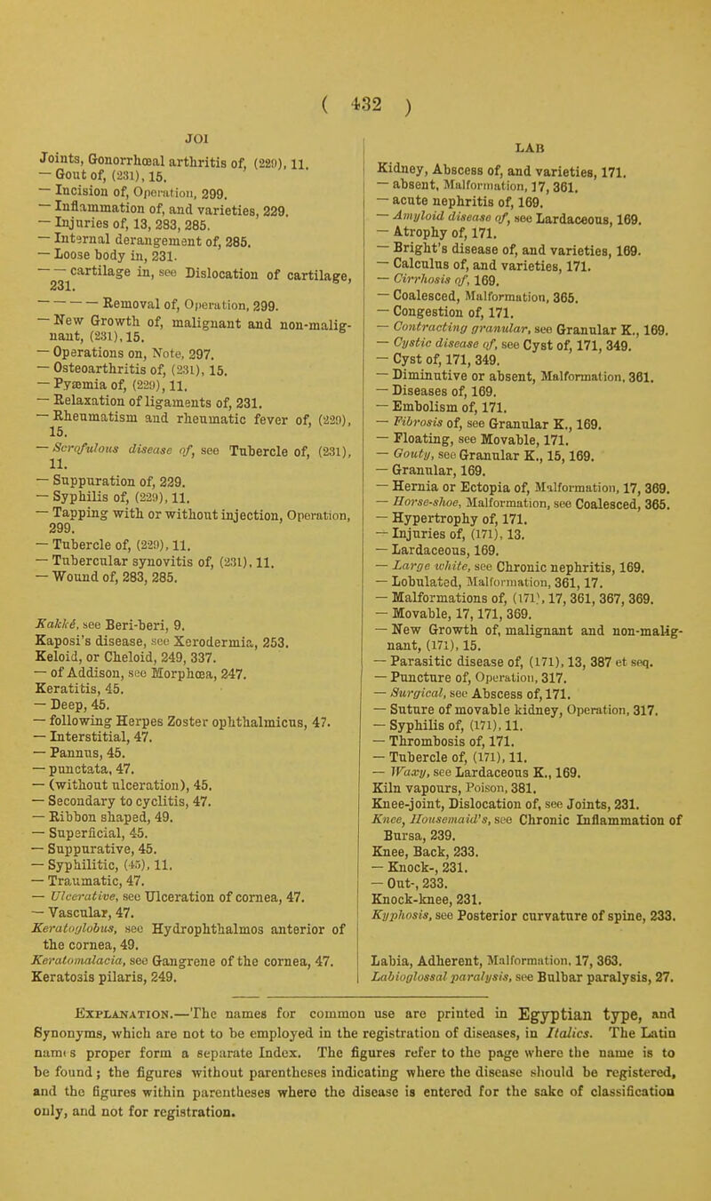 JOl Joints, Gonorrhoeal arthritis of, (229), 11 — Gout of, (231), 16. — Incision of, Oponitioii, 299. — Inflammation of, and varieties, 229. — Injuries of, 13, 283, 285. — Internal derangement of, 285. — Loose body in, 231. cartilage in, see Dislocation of cartilage, 231. Removal of, Operation, 299. — New Growth of, malignant and non-malig- nant, (231), 15. — Operations on, Note, 297. — Osteoarthritis of, (231), 15. — Pyaemia of, (22!)), n. — Relaxation of ligaments of, 231. — Rheumatism and rheumatic fever of, (220), 15. — Scrofulous disease of, see Tubercle of, (231), — Suppuration of, 229. — Syphilis of, (229), 11. — Tapping with or without injection. Operation, 299. — Tubercle of, (229), 11. — Tubercular synovitis of, (231). 11. — Wound of, 283, 285. Jiakh-6, see Beri-beri, 9. Kaposi's disease, see Xerodermia, 253. Keloid, or Cheloid, 249, 337. — of Addison, see Morphoea, 247. Keratitis, 45. — Deep, 45. — following Herpes Zoster ophthalmicus, 47. — Interstitial, 47. — Pannus, 45. — punctata, 47. — (without ulceration), 45. — Secondary to cyclitis, 47. — Ribbon shaped, 49. — Superficial, 45. — Suppurative, 45. — Syphilitic, (i--'), 11. — Traumatic, 47. — Ulce)-ative, see Ulceration of cornea, 47. — Vascular, 47. Keralo<jlobus, sec Hydrophthalmos anterior of the cornea, 49. Keratomalacia, see Gangrene of the cornea, 47. Keratosis pilaris, 249. LAB Kidney, Abscess of, and varieties, 171. — absent, Malfonnation, 17, 361. — acute nephritis of, 169. — Amyloid disease of, (jee Lardaceous, 169. — Atrophy of, 171. — Bright's disease of, and varieties, 169. — Calculus of, and varieties, 171. — Cirrhosis of, 169. — Coalesced, Malformation, 365. — Congestion of, 171. — Contracting granular, see Granular K., 169. — Cystic disease qf, see Cyst of, 171, 349. — Cyst of, 171, 349. — Diminutive or absent, Malformation, 361. — Diseases of, 169. — Embolism of, 171. — Fibrosis of, see Granular K., 169. — Floating, see Movable, 171. — Gouty, see Granular K., 15,169. — Granular, 169. — Hernia or Ectopia of. Malformation, 17, 369. — Eorse-shoe, Malformation, see Coalesced, 365. — Hypertrophy of, 171. — Injuries of, (171), 13. — Lardaceous, 169. — Large white, see Chronic nephritis, 169. — Lobulated, Malformation, 361,17. — Malformations of, (171\ 17, 361, 367, 369. — Movable, 17,171, 369. — New Growth of, malignant and non-malig- nant, (171), 15. — Parasitic disease of, (171), 13, 387 et seq. — Puncture of, Operation, 317. — Surgical, see Abscess of, 171. — Suture of movable kidney. Operation, 317. -Syphilis of, (171),11. — Thrombosis of, 171. — Tubercle of, (171), 11. — Waxy, see Lardaceous K., 169. Kiln vapours, Poison, 381. Knee-joint, Dislocation of, see Joints, 231. Knee, Housemaid's, see Chronic Inflammation of Bursa, 239. Knee, Back, 233. — Knock-, 231. — Out-, 233. Knock-knee, 231. Kyphosis, see Posterior curvature of spine, 233. Labia, Adherent, Malformation, 17, 363. Labioglossal paralysis, see Bulbar paralysis, 27. Explanation.—The names for common use are printed in Egyptian type, and Synonyms, which are not to be employed in the registration of diseases, in Italics. The Latin nam( s proper form a separate Index. The figures refer to the page where the name is to be found; the figures without parentheses indicating where the disease should be registered, and the figures within parentheses where the disease is entered for the sake of classification