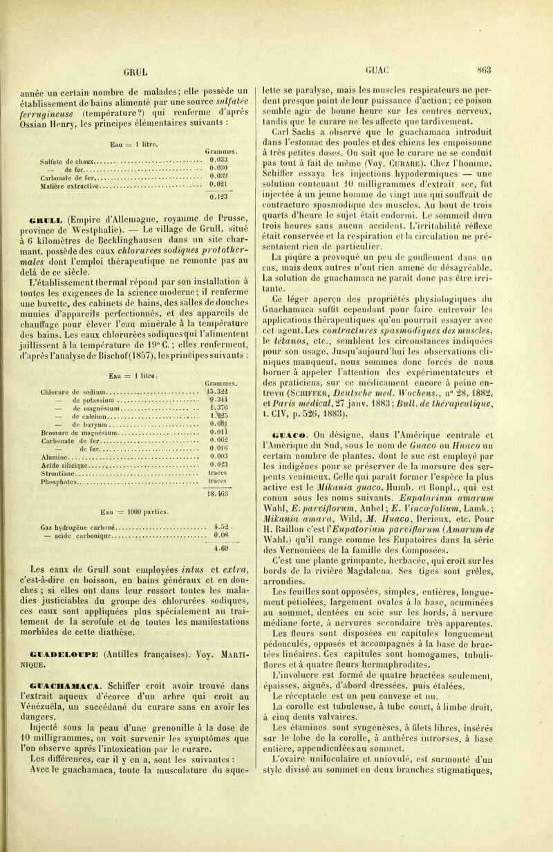 année un certain nombre de malades; elle possède un établissement de bains alimenté par une source sulfatée ferrugineuse (température?) qui renferme d'après Ossian Henry, les principes élémentaires suivants : Eau = l litre. Grammes. Sulfate de cliaux 0.033 - de fer 0.030 Carbonate de fer 0.03!) Matière extractive 0.0'il 0.123 CRiiLii (Empire d'AUeinagne, royaume de Prusse, province de Westphalie). — Le village de GruU, situé à 6 kilomètres de Becklinghausen dans un site char- mant, possède des eaux chlorurées sodiques protother- males dont l'emploi thérapeutique ne remonte pas au delà de ce siècle. L'établissement thermal répond par son installation à toutes les exigences de la science moderne ; il renferme une buvette, des cabinets de bains, des salles de douches munies d'appareils perfectionnés, et des appareils de chauffage pour élever l'eau minérale à la température des bains. Les eaux chlorurées sodiquesqui l'alimentent jaillissent à la température de 19°C. ; elles renferment, d'après l'analyse de Bischof(1857), les principes suivants : Eau = 1 litre. Grammes. Chlorure de sodium 15.322 — de potassium 0.344 — de m.-ignésium 1.376 — de calcium 1.'825 — de baryum 0.081 Bromure de maguésium 0.011 Carbonate de fer 0.002 — de fer O.OIG Alumine 0.003 Acide siliciquc 0.023 Strontiane traces Phosphates li'aces 18.403 Eau — 1000 parties. Gaz hydrogène carboné 4..52 — acide carbonique 0.08 4.60 Les eaux de GruU sont employées intus et extra, c'est-à-dire eu boisson, en bains généraux et en dou- ches ; si elles ont dans leur ressort toutes les mala- dies justiciables du groupe des chlorurées sodiques, ces eaux sont appliquées plus spécialement au trai- tement de la scrofule et de toutes les manifestations morbides de cette diathèse. GUADELOUPE (Antilles françaises). Voy. Marti- nique. GUACHAiiiACA. Schiffer croit avoir trouvé dans l'extrait aqueux d'écorce d'un arbre qui croît au Vénézuéla, un succédané du curare sans en avoir les dangers. Injecté sous la peau d'une grenouille à la dose de 10 milligrammes, on voit survenir les symptômes que l'on observe après l'intoxication par le curare. Les différences, car il y en a, sont les suivantes : Avec le guachamaca, toute la musculature du .sque- lette se paralyse, mais les muscles respirateurs ne per- dent presque point de leur puissance d'action; ce poison semble agir de bonne heure sur les centres nerveux, tandis que le cur.ire ne les affecte que tardivement. Cari Sachs a observé que le guachamaca introduit dans l'estomac des poules et des chiens les empoisonne à très petites doses. On sait que le curare ne se conduit pas tout à fait de môme (Voy. Curare). Chez l'homme, Schiffer essaya les injections hypodermiques — une solution contenant 10 milligrammes d'extrait sec, fut injectée à un jeune homme de vingt ans qui souffrait de contracture spasmodique des muscles. Au bout de trois quarts d'heure le sujet était endormi. Le sommeil dura trois heures sans aucun accident. L'irritabilité réflexe était conservée et la respiration et la circulation ne pré- sentaient rien de particulier. La piqiîre a provoqué un peu de gonflement dans un cas, mais deux autres n'ont rien amené de désagréable. La solution de guachamaca ne paraît donc pas être irri- tante. Ce léger aperçu des propriétés physiologiques du Guachamaca suffit cependant pour faire entrevoir les applications thérapeutiques qu'on pourrait essayer avec cet agent.Les contractures spasmodiques des muscles, le tétanos, etc., semblent les circonstances indiquées pour son usage. Jusqu'aujourd'hui les observations cli- niques manquent, nous sommes donc forcés de nous borner à appeler l'attention des expérimentateurs et des praticiens, sur ce médicament encore à peine en- trevu (Schiffer, Deutsche mxd. Wochens., n 28, ISS'â, et Paris médical, 21 janv. l8So;Bull. de thérapeutique, t. CIV, p. 526, 1883). c;uA€0. On désigne, dans l'Amérique centrale et l'Amérique du Sud, sous le nom de Guaco ou Huaco un certain nombre de plantes, dont le suc est employé par les indigènes pour se préserver de la morsure des ser- pents venimeux. Celle qui paraît former l'espèce la plus active est le Mikania guaco, Humb. et Bonpl., qui est connu sous les noms suivants. Eupatorium amarum Wahl, E.parviflorum, Aubel ; E. Vincœfolium, Lamk. ; Mikania amara, Wild, M. Huaco, Derieux, etc. Pour H. Bâillon c'eslVEupatorium parviflorum {Amarumde Wahl.) qu'il range comme les Eupatoires dans la série des Vernoniées de la famille des Composées. C'est une plante grimpante, herbacée, qui croît surles bords de la rivière Magdalena. Ses tiges sont grêles, arrondies. Les feuilles sont opposées, simples, entières, longue- ment pétiolées, largement ovales à la base, acuminées au sommet, dentées en scie sur les bords, à nervure médiane forte, à nervures secondaire très apparentes. Les fleurs sont disposées en capitules longuement pédonculés, opposés et accompagnés à la base de brac- tées linéaires. Ces capitules sont homogames, tubuli- flores et à quatre fleurs hermaphrodites. L'involucre est formé de quatre bractées seulement, épaisses, aiguës, d'abord dressées, puis étalées. Le réceptacle est un peu convexe et nu. La corolle est tubuleuse, à tube court, à limbe droit, à cinq dénis valvaires. Les étamines sont syngenèscs, à filets libres, insérés sur le lobe de la corolle, à anthères introrses, à base entière, appendiculées au sommet. L'ovaire uniloculaire et uniovulé, est surmonté d'un style divisé au sommet en deux branches stigmatiques,