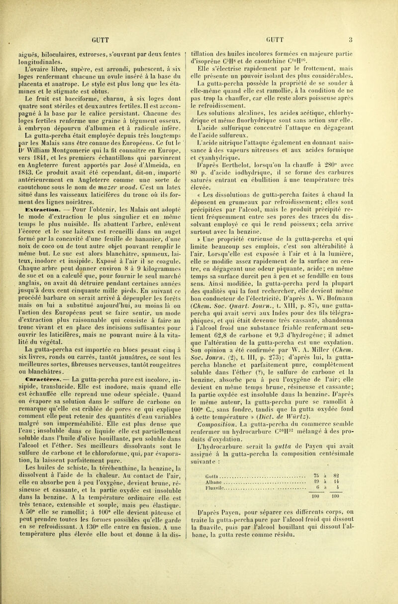 aiguës, biloculaires, extrorscs, s'ouvrant par deux fentes longitudinales. L'ovaire libre, supère, est arrondi, pubescent, à six loges renfermant chacune un ovule inséré à la base du placenta et anatrope. Le style est plus long que les éta- niines et le stigmate est obtus. Le fruit est bacciforme, charnu, à six loges dont quatre sont stériles et deux autres fertiles. Il est accom- pagné à la base par le calice persistant. Chacune des loges fertiles renferme une graine à tégument osseux, à embryon dépourvu d'albumen et à radicule infère. La gutta-percha était employée depuis très longtemps par les Malais sans être connue des Européens. Ce fut le ' D'' William Montgomerie qui la fit connaître en Europe, vers 1841, et les premiers échantillons qui parvinrent en Angleterre furent apportés par .José d'Almeida, en 1843. Ce produit avait été cependant, dit-on, importé antérieurement en Angleterre comme une sorte de caoutchouc sous le nom de mazer wood. C'est un latex situé dans les vaisseaux laticifères du tronc où ils for- ment des lignes noirâtres. Extraction. — Pour l'oljlenir, les Malais ont adopté le mode d'extraction le plus singulier et en même temps le plus nuisible. Ils abattent l'arbre, enlèvent l'écorce et le suc laiteux est recueilli dans un auget formé par la concavité d'une feuille de bananier, d'une noix de coco ou de tout autre objet pouvant remplir le même but. Le suc est alors blanchâtre, spumeux, lai- teux, inodore et insipide. Exposé à l'air il se coagule. Chaque arbre peut donner environ 8 â 9 kilogrammes de suc et on a calculé que, pour fournir le seul marché anglais, on avait dû détruire pendant certaines années jusqu'à deux cent cinquante mille pieds. En suivant ce procédé barbare on serait arrivé à dépeupler les forèls mais on lui a substitué aujourd'hui, au moins là ou l'action des Européens peut se faire sentir, un mode d'extraction plus raisonnable qui consiste <à faire au tronc vivant et en place des incisions suffisantes pour ouvrir les laticifères, mais ne pouvant nuire à la vita- lité du végétal. La gutta-percha est importée en blocs pesant cinq à six livres, ronds ou carrés, tantôt jaunâtres, ce sont les meilleures sortes, fibreuses nerveuses, tantôt rougeâtres ou blanchâtres. Caractères.— La gutta-percha pure est incolore, in- sipide, translucide. Elle est inodore, mais quand elle est échauffée elle reprend une odeur spéciale. Quand on évapore sa solution dans le sulfure de carbone on remarque qu'elle est criblée de pores ce qui explique comment elle peut retenir des quantités d'eau variables malgré son imperméabilité. Elle est plus dense que l'eau ; insoluble dans ce liquide elle est partiellement soluble dans l'huile d'olive bouillante, peu soluble dans l'alcool et l'éther. Ses meilleurs dissolvants sont le sulfure de carbone et le chloroforme, qui, par évapora- tion, la laissent parfaitement pure. Les huiles de schiste, la térébenthine, la benzine, la dissolvent à l'aide de la chaleur. Au contact de l'air, elle en absorbe peu à peu l'oxygène, devient brune, ré- sineuse et cassante, et la partie oxydée est insoluble dans la benzine. A la température ordinaire elle est très tenace, extensible et souple, mais peu élastique. A 50° elle se ramollit; à 100» elle devient pâteuse et peut prendre toutes les formes possibles qu'elle garde en se refroidissant. A 130» elle entre en fusion. A une température plus élevée elle bout et donne à la dis- tillation des huiles incolores formées en majeure partie d'isoprène C'W' et de caoutchinc C'iH''^ Elle s'électrise rapidement par le frottement, mais elle présente un pouvoir isolant des plus considérables. La gutta-percha possède la propriété de se souder à elle-même quand elle est ramollie, à la condition de ne pas trop la chauffer, car elle reste alors poisseuse après le refroidissement. Les solutions alcalines, les acides acétique, chlorhy- drique et même fluorhydrique sont sans action sur elle. L'acide sulfurique concentré l'attaque en dégageant de l'acide sulfureux. L'acide nitrique l'attaque également en donnant nais- sance à des vapeurs nitreuses et aux acides formique et cyanhydrique. D'après lîerthelot, lorsqu'on la chauffe à 280° avec 80 p. d'acide iodhydrique, il se forme des carbures saturés entrant en ébuUition à une température très élevée. (( Les dissolutions de gutta-percha faites à chaud la déposent en grumeaux par refroidissement; elles sont précipitées par l'alcool, mais le produit précipité re- tient fréquemment entre ses pores des traces du dis- solvant employé ce qui le rend poisseux; cela arrive surtout avec la benzine. » Une propriété curieuse de la gutta-percha et qui limite beaucoup ses emplois, c'est son altérabilité à l'air. Lorsqu'elle est exposée à l'air et à la lumière, elle se modifie assez rapidement de la surface au cen- tre, en dégageant une odeur piquante, acide; en même temps sa surface durcit peu à peu et se fendille en tous sens. Ainsi modifiée, la gutta-percha perd la plupart des qualités qui la font rechercher, elle devient même bon conducteur de l'électricité. D'après A. W. Hofmann (Chem. Soc. Quart. Jouni., t. XIII, p. 87), une gutta- percha qui avait servi aux Indes pour des fils télégra- phiques, et qui était devenue très cassante, abandonna à l'alcool froid une substance friable renfermant seu- lement 6^2,8 de carbone et 9,3 d'hydrogène; il admet que l'altération de la gutta-percha est une oxydation. Son opinion a été confirmée par W. A. Miller {Chem. Soc. Journ. (2), t. 111, p. 273); d'après lui, la gutta- percha blanche et parfaitement pure, complètement soluble dans l'éther {'!), le sulfure de carbone et la benzine, absorbe peu à peu l'oxygène de l'air; elle devient en même temps brune, résineuse et cassante; la partie oxydée est insoluble dans la benzine. D'après le même auteur, la gutta-percha pure se ramollit à 100» C, sans fondre, tandis que la gutta oxydée fond à cette température » {Dict. de Wurtz). Composition. La gutta-percha du commerce semble renfermer un hydrocarbure C'-OH^' mélangé à des pro- duits d'oxydation. L'hydrocarbure serait la gutta de Payen qui avait assigné â la gutta-percha la composition centésimale suivante : GutU 75 à 82 Albane 10 à 14 inuavite G à i 100 100 D'après Payen, pour séparer ces différents corps, on traite la gutta-percha pure par l'alcool froid qui dissout la fiuavile, puis par l'alcool bouillant qui dissout l'al- banc, la gutta reste comme résidu.