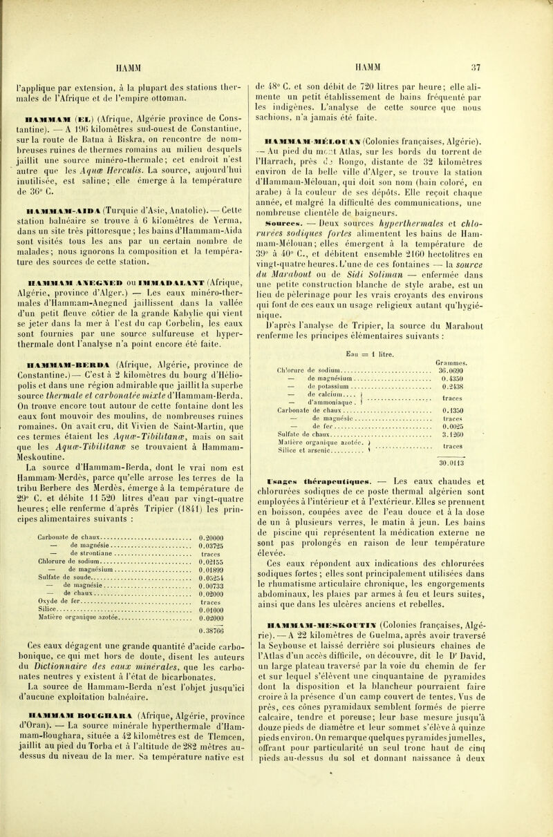 l'applique par extension, à la plupart des stations ther- males de l'Afrique et de l'empire ottoman. HAnmiAiM (EL) (Afrique, Algérie province de Cons- tantine). —A 196 kilomètres sud-ouest de Constantine, sur la route de Batua à Biskra, on rencontre de nom- breuses ruines de thermes romains au milieu desquels jaillit une source minéro-thernialc ; cet endroit n'est autre que les Aqiiœ Herculis. La source, aujourd'hui inutilisée, est saline; elle émergea la température de 36» C. HAIWMAM-AIDA (Turquie d'Asie, Anatolie).— Celte station balnéaire se trouve à 6 kilomètres de Yerma, dans un site très pittoresque ; les bains d'IIammam-Aida sont visités tous les ans par un certain nombre de malades; nous ignorons la composition et la tempéra- ture des sources de cette station. UAiHiHAni AMECWED OU lUMADAi^AiiT (Afrique, Algérie, province d'Alger.) — Les eaux minéro-ther- males d'Hammam-Anegned jaillissent dans la vallée d'un petit fleuve côtier de la grande Kabylic qui vient se jeter dans la mer à l'est du cap Corbelin, les eaux sont fournies par une source sulfureuse et hyper- thermale dont l'analyse n'a point encore été faite. nAMiUAM-BERDA (Afrique, Algérie, province de Constantine.)— C'est à 2 kilomètres du bourg d'Hèlio- polis et dans une région admirable que jaillit la superbe source thermale et carbonalée mixte d'Hammam-Berda. On trouve encore tout autour de cette fontaine dont les eaux font mouvoir des moulins, de nombreuses ruines romaines. On avait cru, dit Vivien de Saint-Martin, que ces termes étaient les Aquœ-Tibilitanœ, mais on sait que les Aquœ-Tibilitanœ se trouvaient à Hammam- Meskoutine. La source d'Hammam-Berda, dont le vrai nom est Hammam-Merdès, parce qu'elle arrose les terres de la tribu Berbère des Merdès, émerge à la température de 29° C. et débite 11 520 litres d'eau par vingt-quatre heures; elle renferme d'après Tripier (1811) les prin- cipes alimentaires suivants : Carbonate de chaux 0.20000 — de magne'sie 0.03725 — de sti'onliane traces Chlorure de sodium 0.02155 — de magnésium 0.01899 Sulfate de soude 0.05254 — de magnésie 0.00733 — de chaux 0.02000 Oxyde de fer traces Silice 0.01000 Matière organique azotée 0.02000 0.38766 Ces eaux dégagent une grande quantité d'acide carbo- bonique, ce qui met hors de doute, disent les auteurs du Dictionnaire des eaux minérales, que les carbo- nates neutres y existent à l'état de bicarbonates. La source de Haramam-Berda n'est l'objet jusqu'ici d'aucune exploitation balnéaire. iiauluahi BoncnARA (Afrique, Algérie, province d'Oran). — La source minérale hyperthermale d'Ham- mam-Boughara, située a 4.2 kilomètres est de Tlemcen, jaillit au pied duTorbaet à l'altitude de 282 mètres au- dessus du niveau de la mer. Sa température native est de 4-8° C. et son débit de 720 litres par heure; elle ali- mente un petit établissement de bains fréquenté par les indigènes. L'analyse de cette source que nous sachions, n'a jamais été faite. ■iAMiMAiti-iiiÉi.orA!v (Golouies françaises, Algérie). — Au pied du ment Atlas, sur les bords du torrent de l'Ilarrach, près dj Rongo, distante de 32 kilomètres environ de la belle ville d'Alger, se trouve la station d'Hammam-Mèlouan, qui doit son nom (bain coloré, en arabe) à la couleur de ses dépôts. Elle reçoit chaque année, et malgré la difficulté des communications, une nombreuse clientèle de baigneurs. Sources. — Deux sources hyper thermales et chlo- rurées sadiques fortes alimentent les bains de Hain- mam-Mélouan ; elles émergent à la température de 39° à 40° C, et débitent ensemble 2100 hectolitres en vingt-quatre heures. L'une de ces fontaines — la source du Marabout ou de Sidi Soliman — enfermée dans une petite construction blanche de style arabe, est un lieu de pèlerinage pour les vrais croyants des environs qui font de ces eaux un usage religieux autant qu'hygié- nique. D'après l'analyse de Tripier, la source du Marabout renferme les principes élémentaires suivants : Eau = l litre. Grammes. Chlorure de sodium 3G.0G90 — de magnésium 0.4350 — i\a potassium 0.2438 — do calciui]!.... I , ,, . traces — d ammoniaque. 1 Carbonate de chaux 0.1350 — de magnésie traces — de fer 0.0025 Sulfate de chaux 3.12G0 Malièrc orn-anique azotée. ) , o-,- . . 1 traces !5ilice et arsenic ' 30.0113 Usages thérapeutiques. — Les eaux chaudes et chlorurées sodiques de ce poste thermal algérien sont employées à l'intérieur et à l'extérieur. Elles se prennent en boisson, coupées avec de l'eau douce et à la dose de un à plusieurs verres, le matin à jeun. Les bains de piscine qui représentent la médication externe ne sont pas prolongés en raison de leur température élevée. Ces eaux répondent aux indications des chlorurées sodiques fortes ; elles sont principalement utilisées dans le rhumatisme articulaire chronique, les engorgements abdominaux, les plaies par armes à feu et leurs suites, ainsi que dans les ulcères anciens et rebelles. HAMiiiA]M-]«iE:«!iK.ovTiiv (Colonies françaises, Algé- rie).— A 22 kilomètres de Guelma, après avoir traversé la Seybouse et laissé derrière soi plusieurs chaînes de l'Atlas d'un accès difficile, on découvre, dit le D' David, un large plateau traversé par la voie du chemin de fer et sur lequel s'élèvent une cinquantaine de pyramides dont la disposition et la blancheur pourraient faire croire à la présence d'un camp couvert de tentes. Vus de près, ces cônes pyramidaux semblent formés de pierre calcaire, tendre et poreuse; leur base mesure jusqu'à douze pieds de diamètre et leur sommet s'élève à quinze pieds environ. On remarque quelques pyramides jumelles, oITrant pour particularité un seul tronc haut de cinq pieds au-dessus du sol et donnant naissance à deux