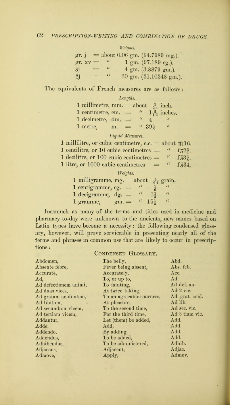 Weights. gr. j = about 0.06 gm. (64.7989 nig.), gr. xv =  1 gm. (97.189 eg.). 3j =  4 gm. (3.8879 gm.). 8 =  30 gm. (31.10348 gm.). The equivalents of French measures are as follows: Lengths. 1 millimetre, mm. = about inch. 1 centimetre, cm. =  1T5^- inches. 1 decimetre, dm. =  4  1 metre, in. =  39f  Liquid Measures. 1 millilitre, or cubic centimetre, c.c. = about TTLl6. 1 centilitre, or 10 cubic centimetres =  f32f. 1 decilitre, or 100 cubic centimetres =  f§3f. 1 litre, or 1000 cubic centimetres =  f ,134. Weights. 1 milligramme, mg. = about grain. 1 centigramme, eg. =  -J-  1 decigramme, dg. =  1J  1 gramme, gm. ==  15J  Inasmuch as many of the terms and titles used in medicine and pharmacy to-day were unknown to the ancients, new names based on Latin types have become a necessity: the following condensed gloss- ary, however, will prove serviceable in presenting nearly all of the terms and phrases in common use that are likely to occur in prescrip- tions : Condensed Glossary. Abdomen, The belly, Abd. Absente febre, Fever being absent, Abs. fob. Accurate, Accurately, Acc. Ad, To, or up to, Ad. Ad defectionem animi, To fainting, Ad def. an. Ad duas vices, At twice taking, Ad 2 vie. Ad gratam aciditatem, To an agreeable sourness, Ad. grat. acid. Ad libitum, At pleasure, Ad lib. Ad secundum vicem, To the second time, Ad sec. vie. Ad tertiam vicem, For the third time, Ad 3 tiam vie. Addantur, Let (them) be added, Add. Adde, Add, Add. Addendo, By adding, Add. Addendus, To be added, Add. Adhibendus, To be administered, Adhib. Adjacens, Adjacent, Adjac. Admove, Apply, Admov.